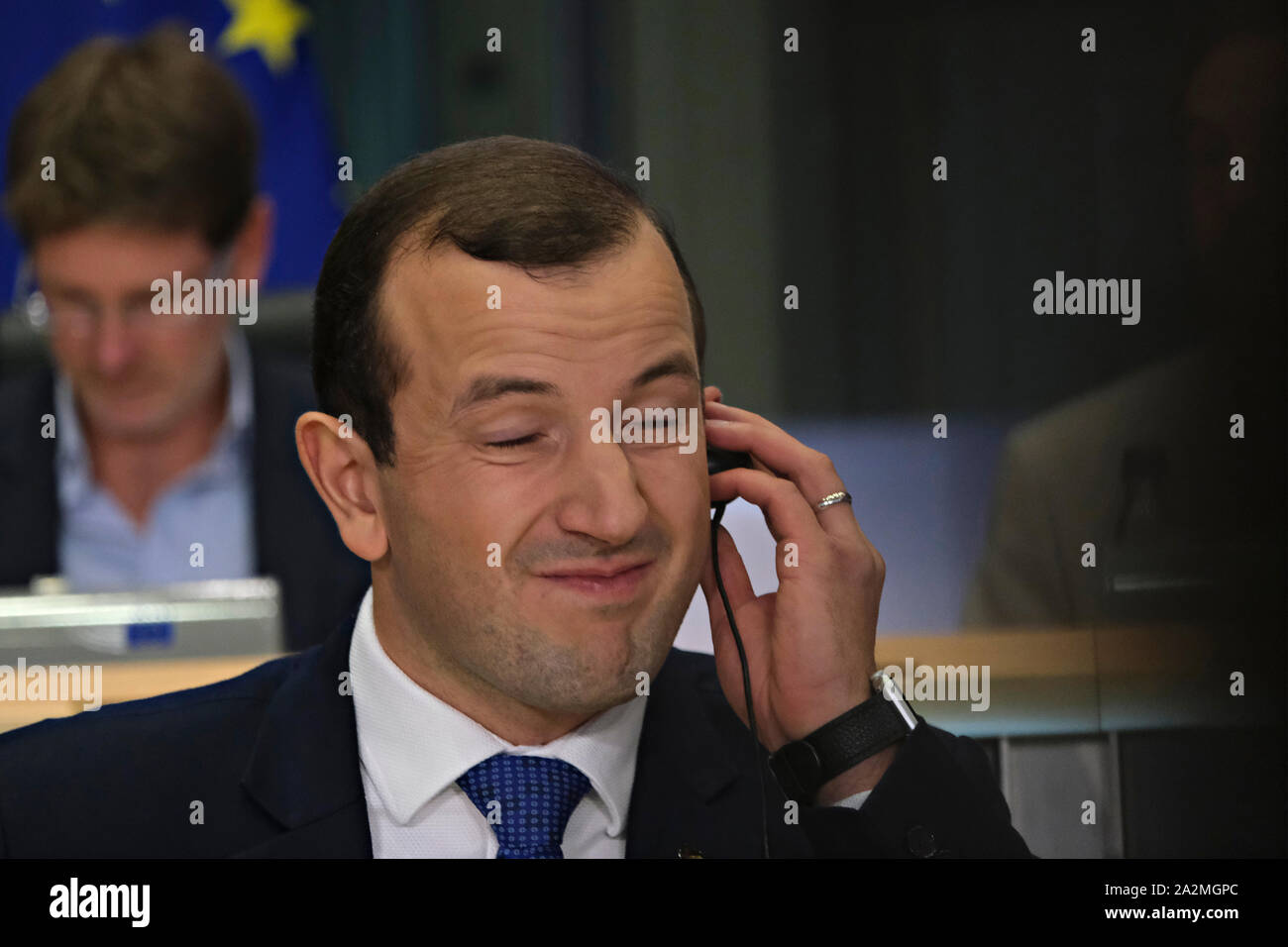 Brüssel, Belgien. 3. Oktober 2019. Europäische Umwelt- und Ozeane der designierte Kommissar Virginijus Sinkevicius von Litauen nimmt an seiner Anhörung vor dem Europäischen Parlament. Credit: ALEXANDROS MICHAILIDIS/Alamy leben Nachrichten Stockfoto