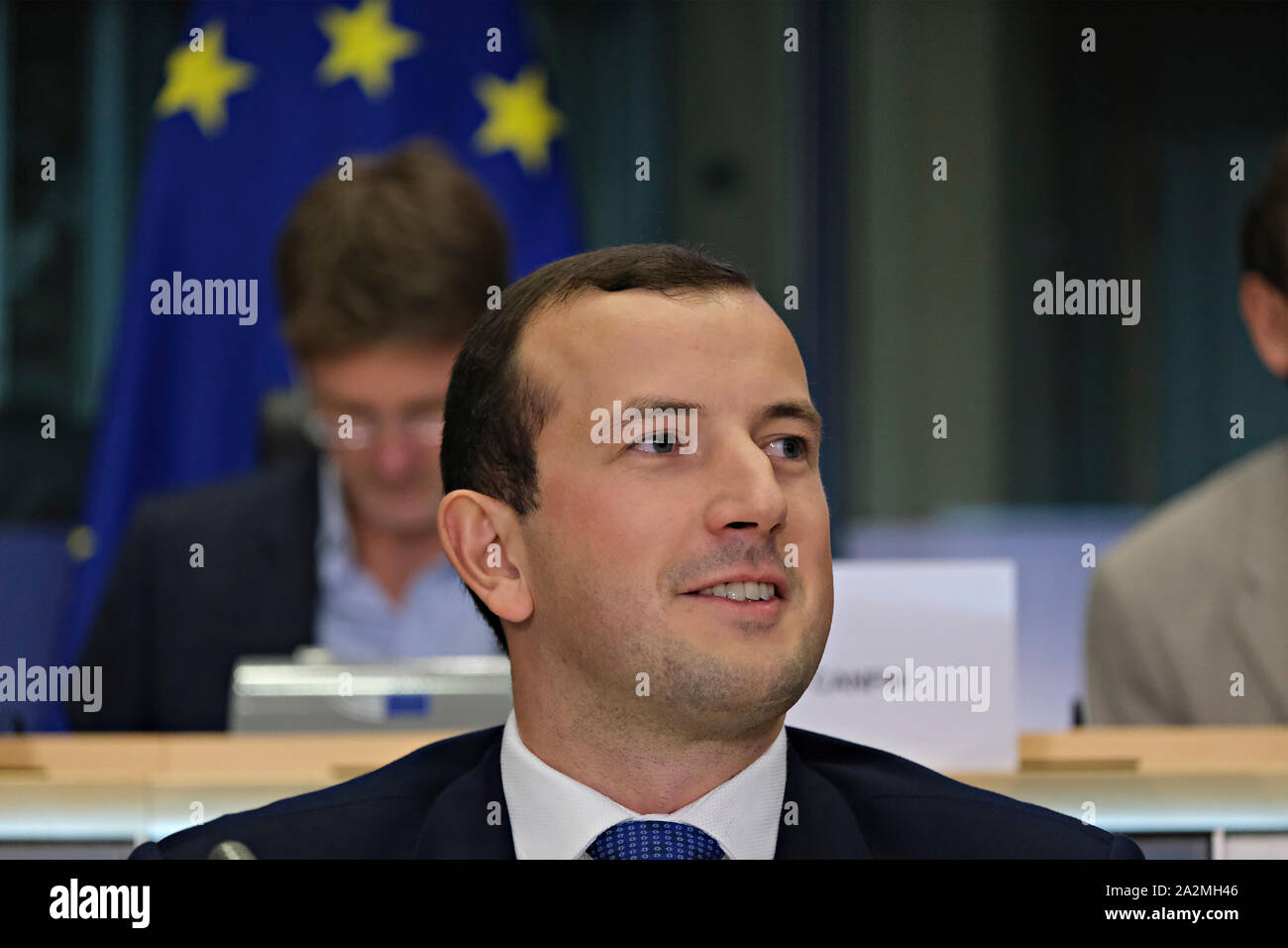 Brüssel, Belgien. 3. Oktober 2019. Europäische Umwelt- und Ozeane der designierte Kommissar Virginijus Sinkevicius von Litauen nimmt an seiner Anhörung vor dem Europäischen Parlament. Credit: ALEXANDROS MICHAILIDIS/Alamy leben Nachrichten Stockfoto