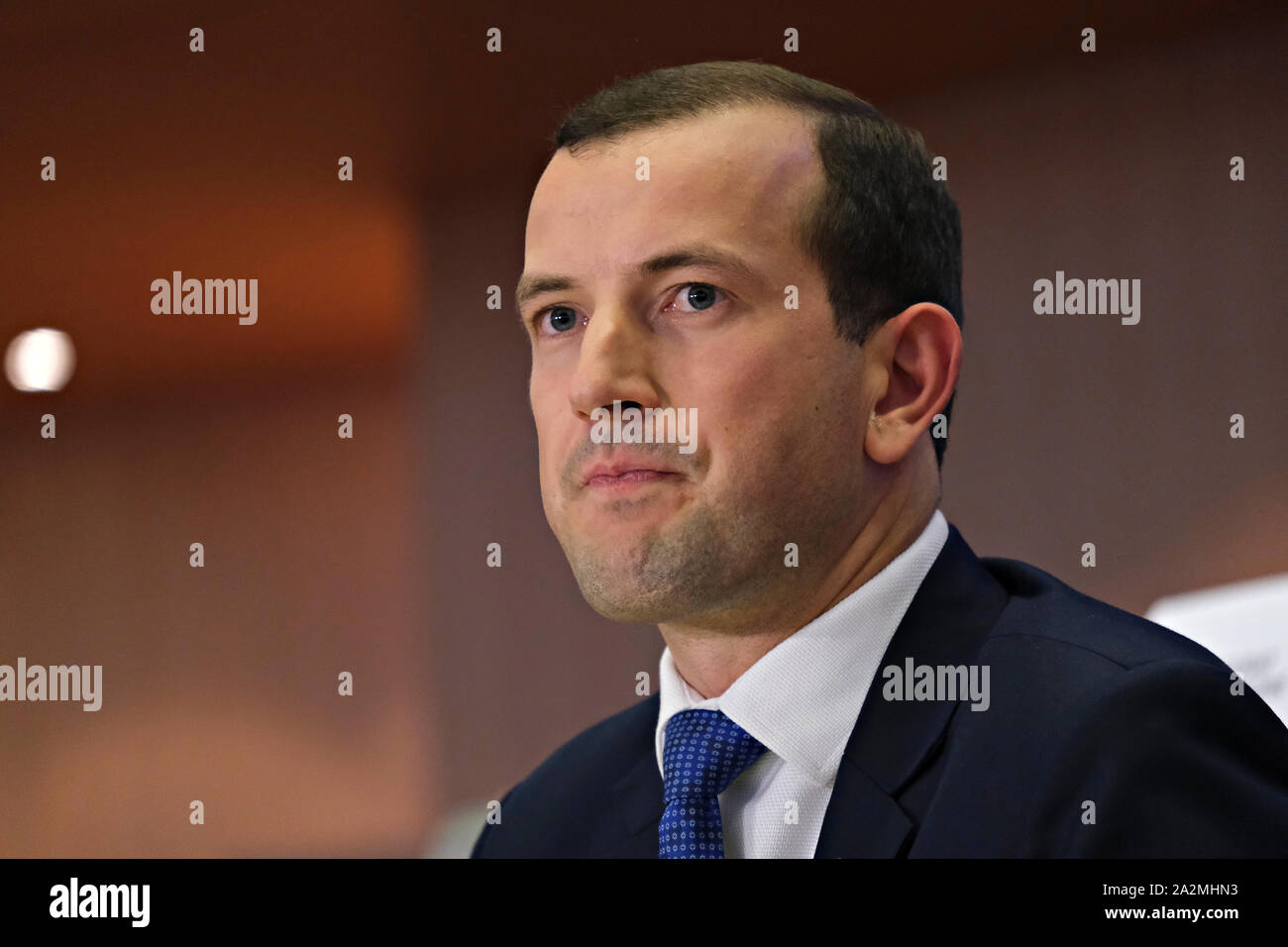 Brüssel, Belgien. 3. Oktober 2019. Europäische Umwelt- und Ozeane der designierte Kommissar Virginijus Sinkevicius von Litauen nimmt an seiner Anhörung vor dem Europäischen Parlament. Credit: ALEXANDROS MICHAILIDIS/Alamy leben Nachrichten Stockfoto