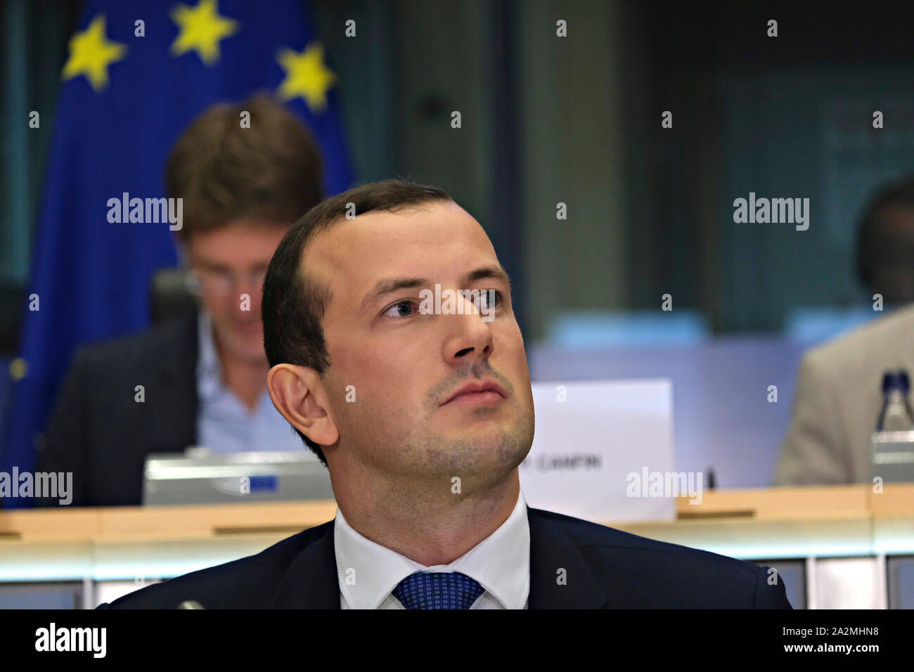 Brüssel, Belgien. 3. Oktober 2019. Europäische Umwelt- und Ozeane der designierte Kommissar Virginijus Sinkevicius von Litauen nimmt an seiner Anhörung vor dem Europäischen Parlament. Credit: ALEXANDROS MICHAILIDIS/Alamy leben Nachrichten Stockfoto