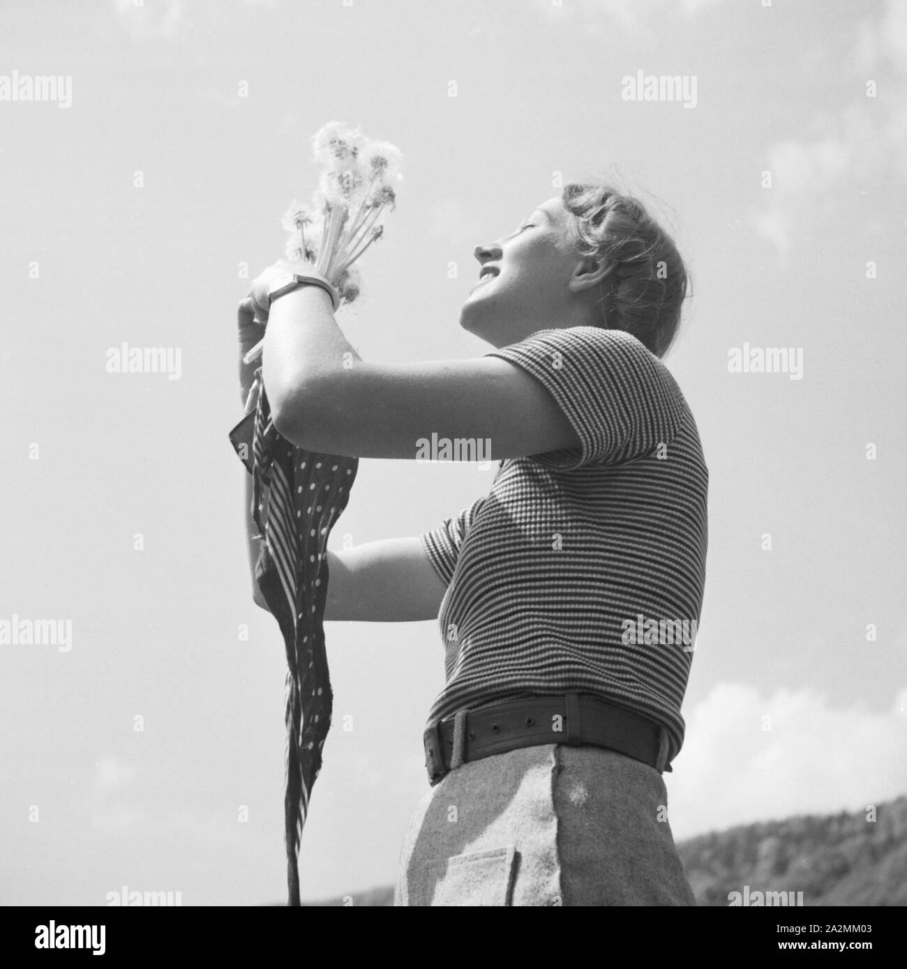 Eine junge Frau mit frisch gepflücktem Löwenzahn, Deutschland 1930er Jahre. Eine junge Frau mit frisch gepflückten Löwenzahn, Deutschland 1930. Stockfoto