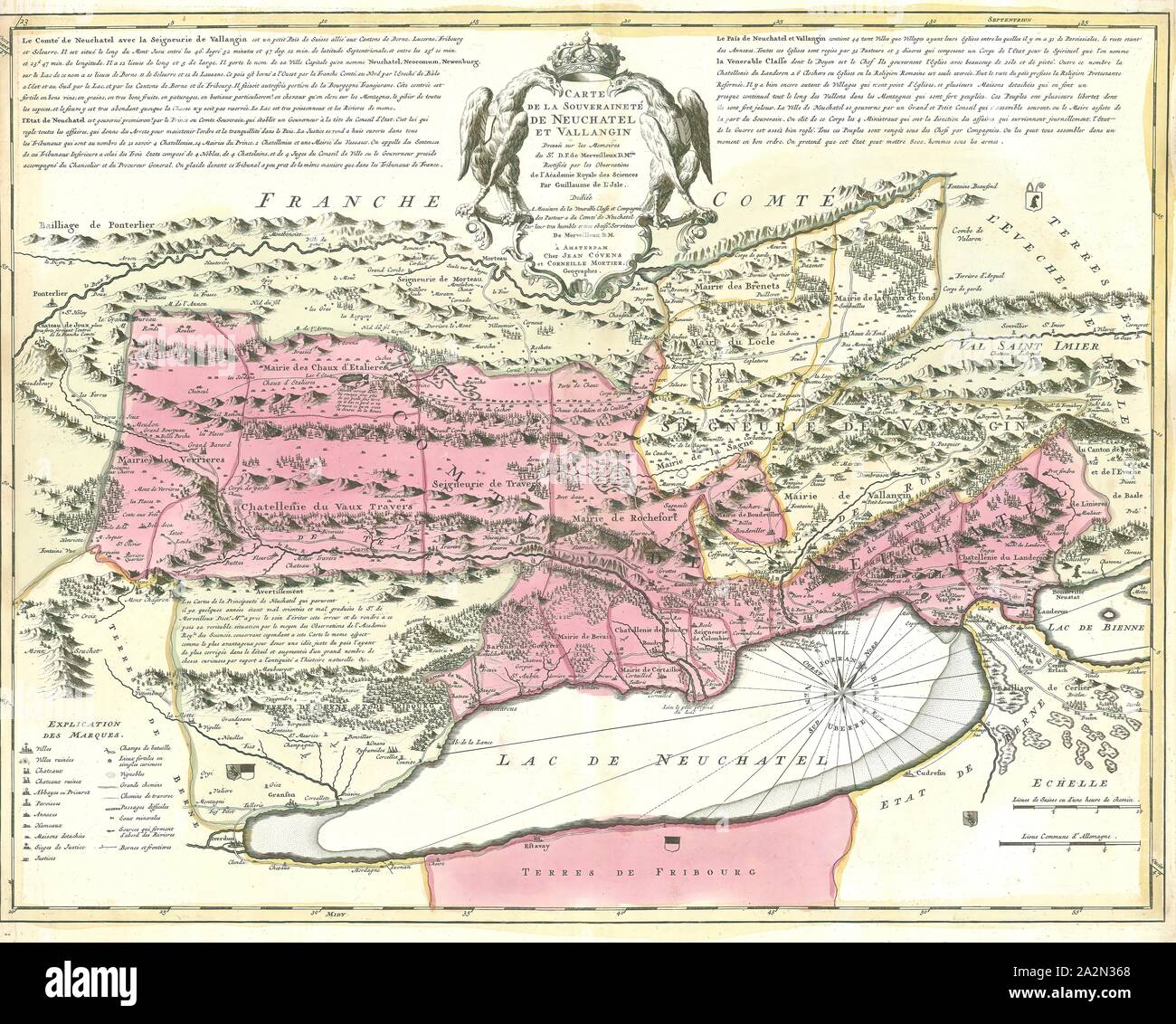 Karte, Carte de la souveraineté de Neuchatel et Vallangin, David François de Merveilleux (1652-1712), Kupferstich Stockfoto