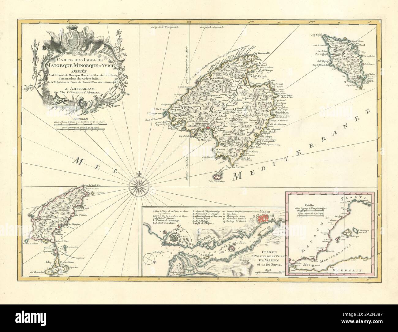 Karte, Carte des Isles de Maiorque Minorque et Yvice, Jacques Nicolas Bellin (1703-1772), Kupferstich Stockfoto