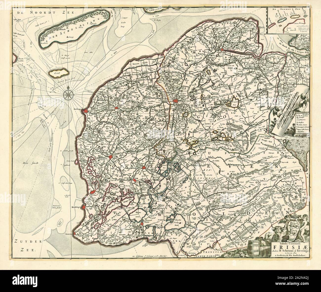 Karte, Tabula Comitatus Frisiae, Bernardus Schotanus à Sterringa (C. 1640-1704), Kupferstich Stockfoto