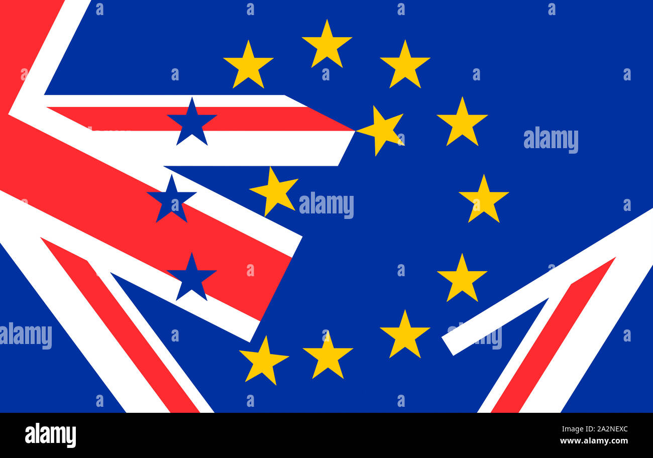 EU-Flagge mit den zwölf Sternen Kreis abgesehen von einem Teil der Union Jack Flagge gebrochen Stockfoto
