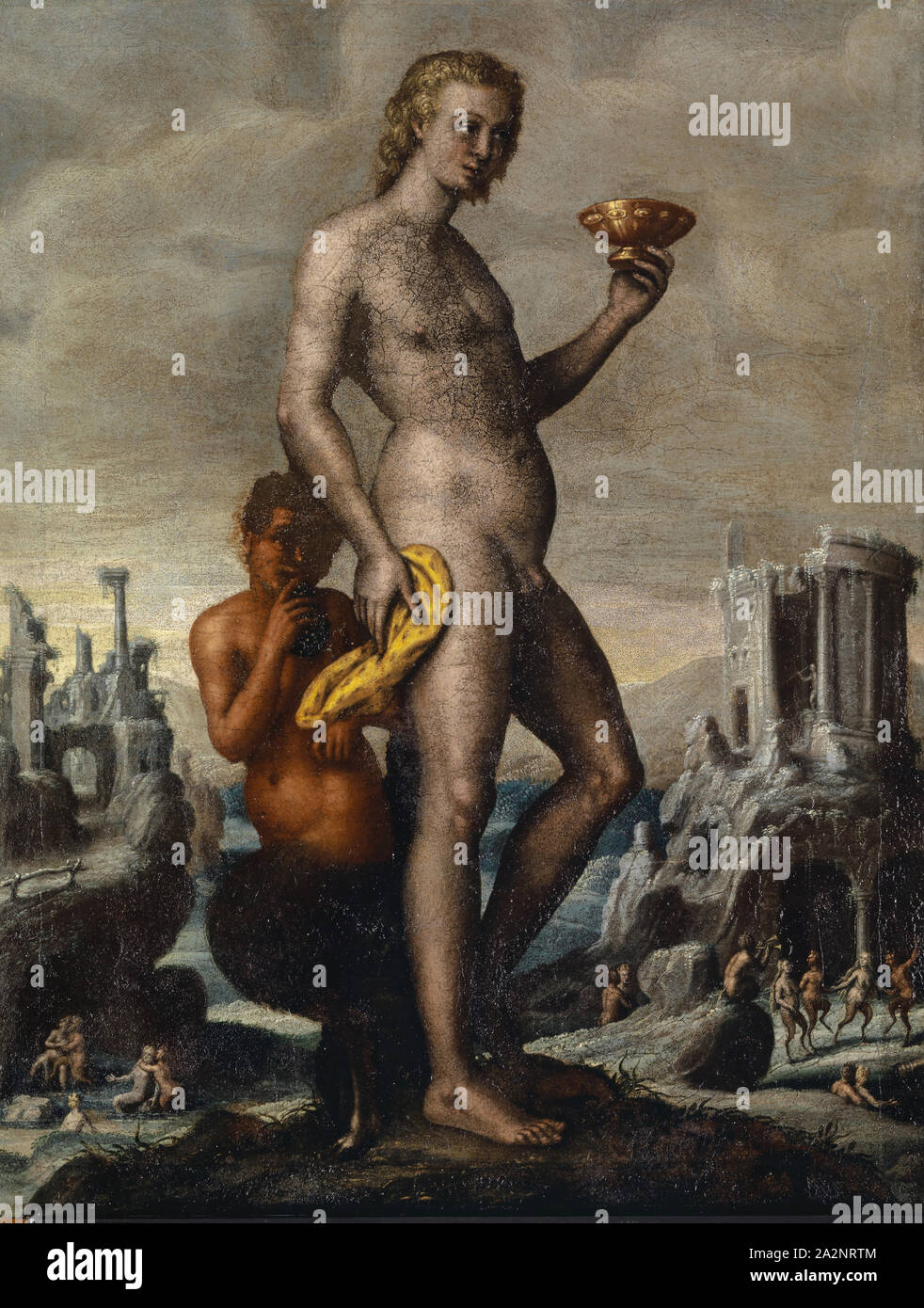 Bacchus mit einer Trinkschale, durch ein Satyr, Öl auf Leinwand, 61,5 x 48 cm, unmarkierte, Martin Schermus, angeblich Deventer 16 begleitet. Jh Stockfoto