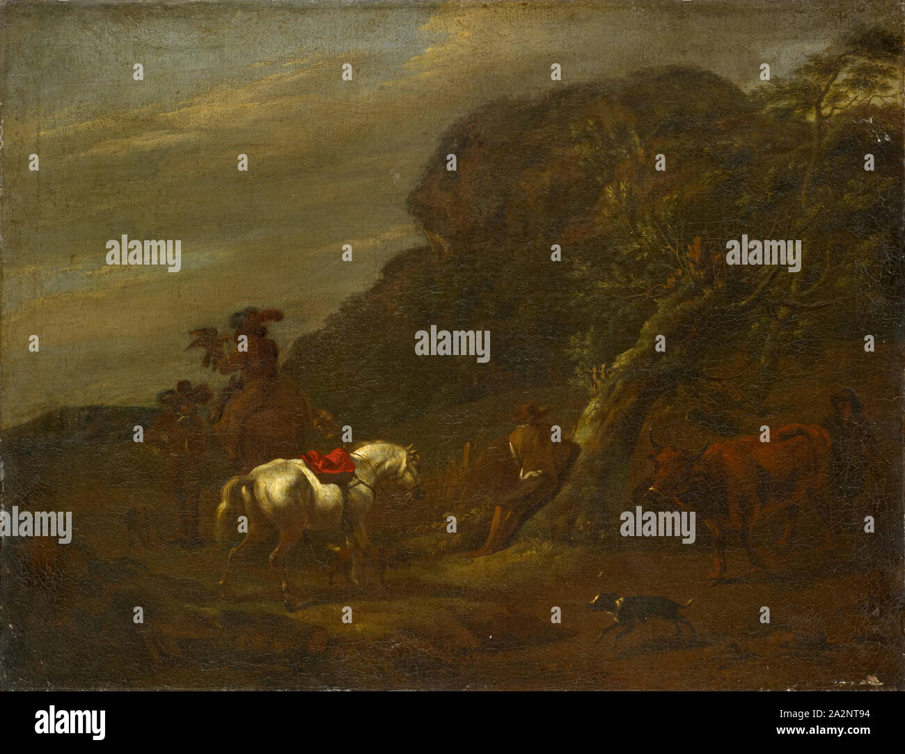 Landschaft mit hawk Jagd, Öl auf Leinwand, 39,5 x 51 cm, nicht markiert, Nicolaes (Claes Pietersz.) Berchem, (30 Spitzwimpel //Kopieren nach), Haarlem 1620 - 1683 Amsterdam Stockfoto
