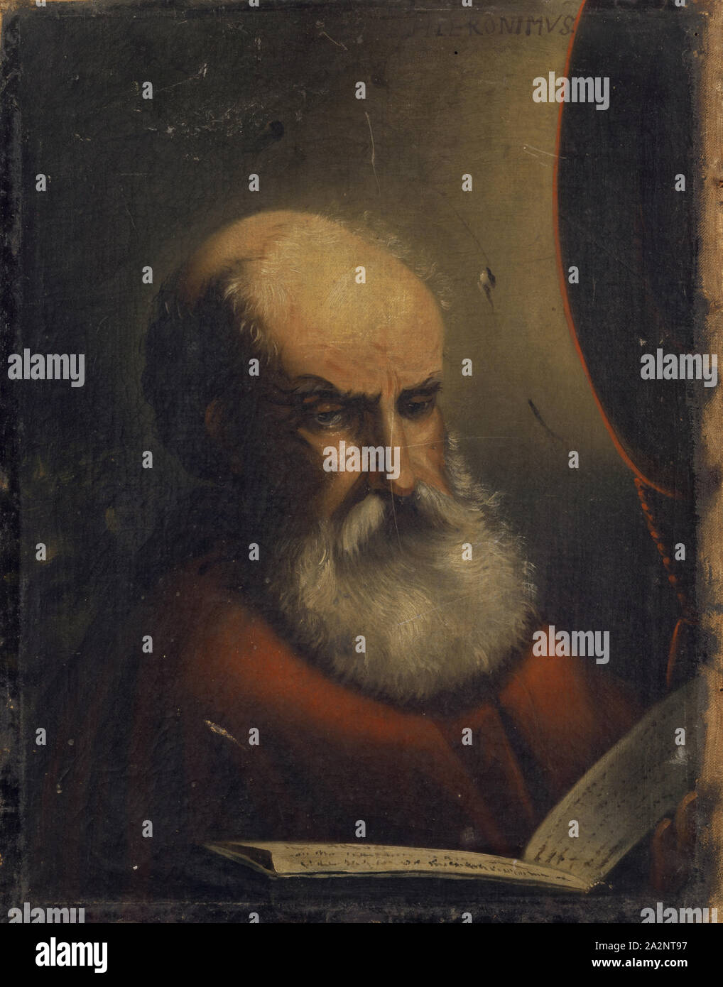 Der hl., Hieronymus, Öl auf Leinwand, gesäumt mit Papier, 41,5 x 31,5 cm, unsigniert., rechts oben: S HIERONIMVS, Deutscher Meister, 17. Jh Stockfoto