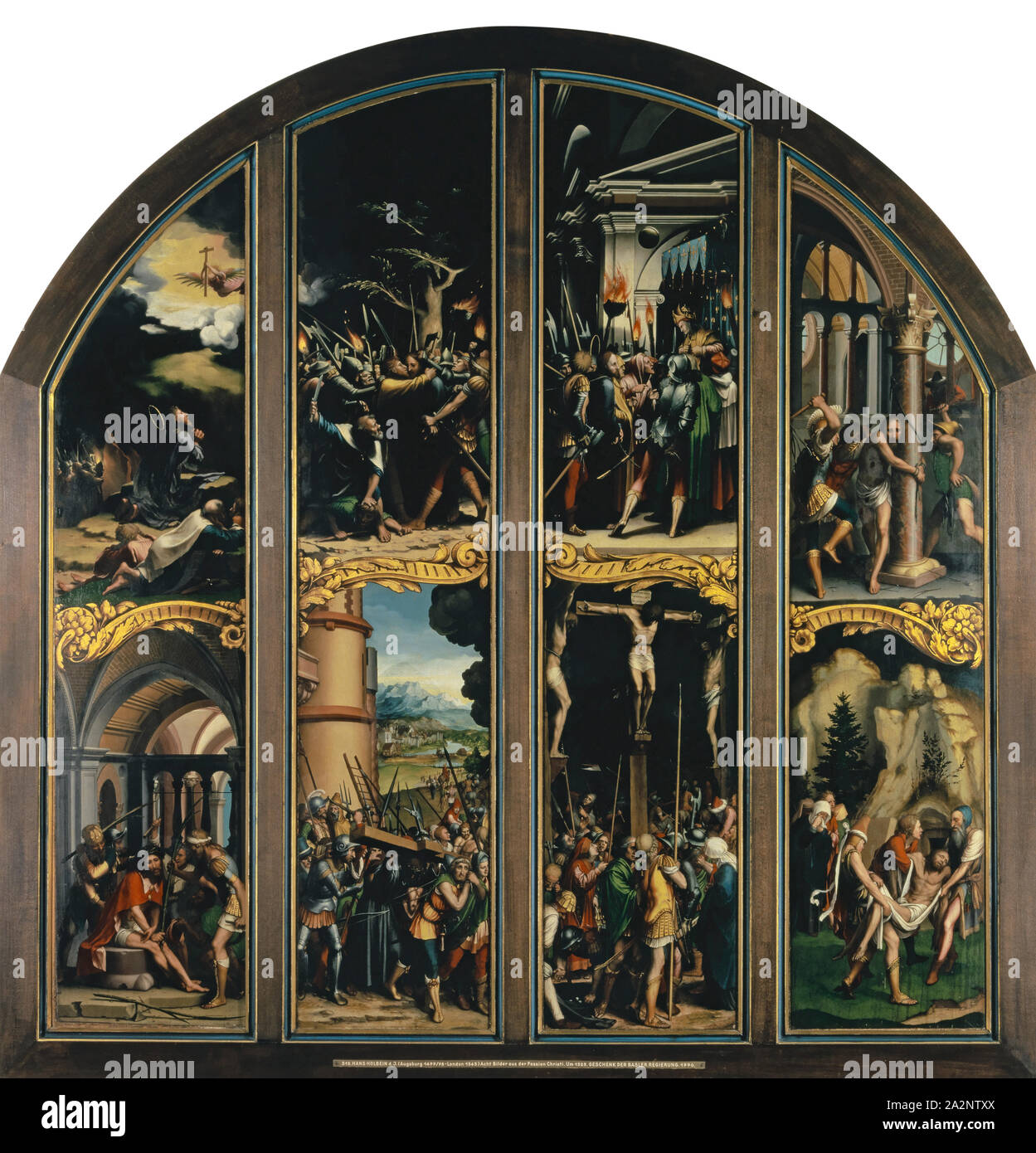 Die Passion Christi: Das Gebet auf dem Ölberg, Erfassung, Christus vor Kaiphas, geißelung (obere Register), die Krönung der Dornen, Kreuz trug, die Kreuzigung, die Grablegung (untere Register), C. 1524/26, Öl auf Lindenholz, 149,5 x 124 cm, unmarkiert., Dreisprachige crosstitulus mit: IH [ESF] S NAZAR [ENVS]., R [E] X IV..., Hans Holbein d. J., Augsburg um 1497/98-1543 London Stockfoto