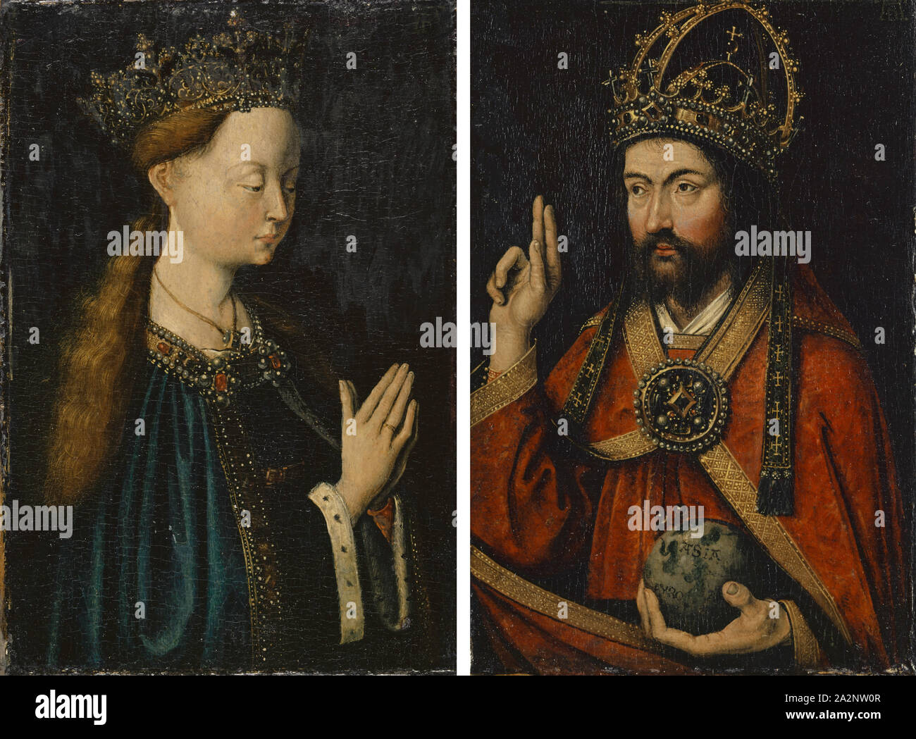 Maria und Christus als Salvator Mundi (Fronten), Wappen Gemälde in grau-grünen grisaille (Rücken), Öl auf Lindenholz, 20,1 x 13,7 cm (linke Tafel) |, 19,9 x 13,6 cm (rechts), Nicht referenziert, auf der ganzen Welt: Asien, EVRO, AF, RI, Anonym, Süddeutschland (oder Schweiz?), um 1500 Stockfoto