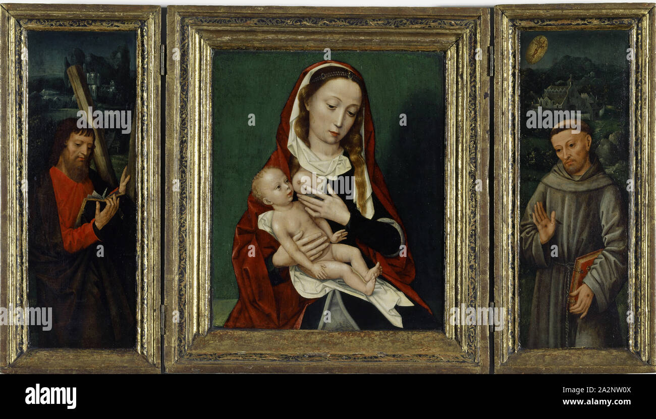 Madonna und Kind (Mitte), STS,., Andreas und Francis (Flügel), um 1530, Öl auf Eichenholz, 31,5 x 26,5 cm (Mitte) |, 35,5 x 12 cm (linker Flügel) |, 36 x 12,5 cm (rechter Flügel), nicht angegeben, Ambrosius Benson, Lombardei (Mailand?) um 1495 - 1550 Brügge Stockfoto