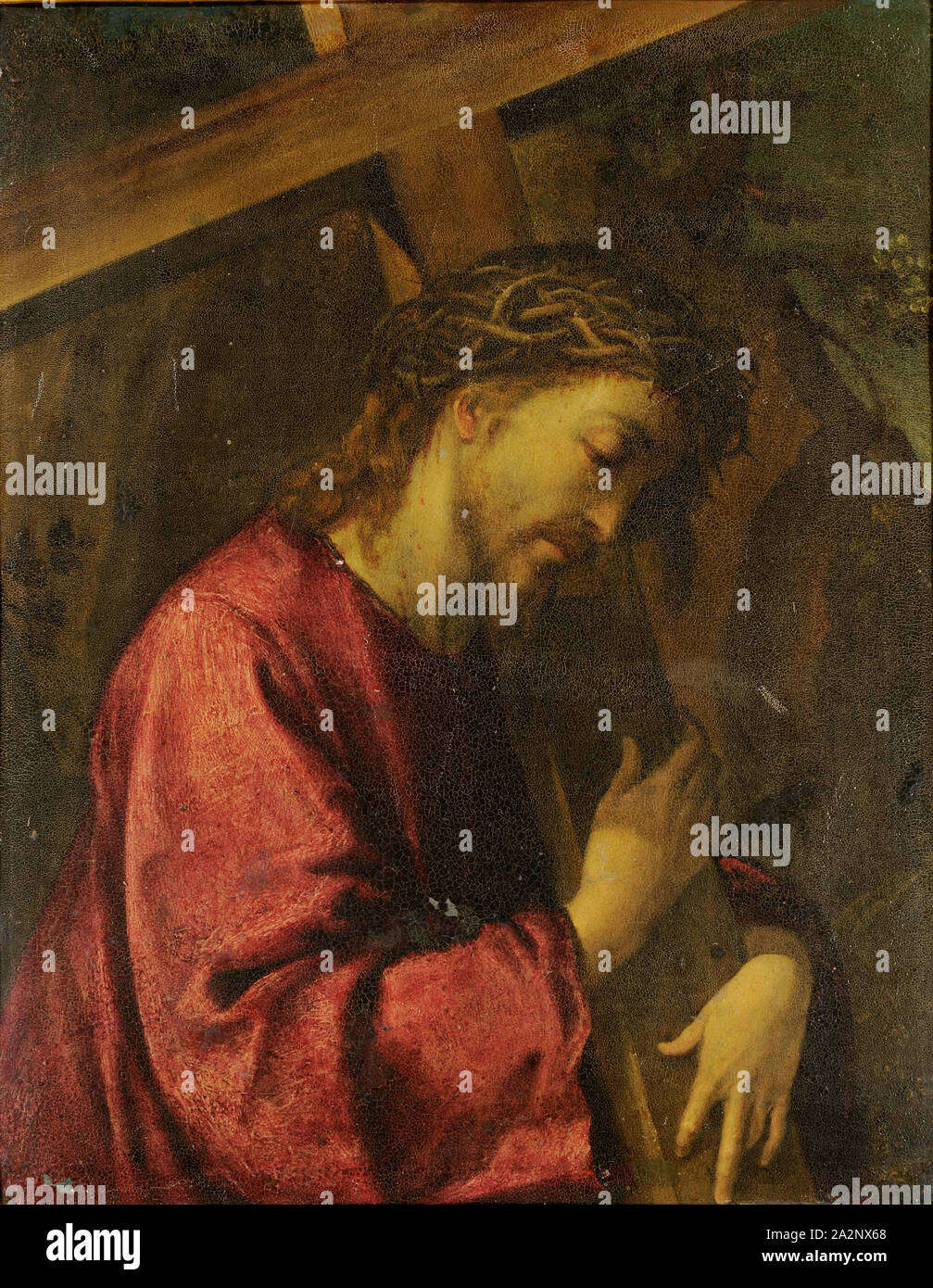 Christus mit dem Kreuz, Öl auf Kupfer, 30 x 25 cm, unsigniert, Italienischer Meister, 16. Jh Stockfoto