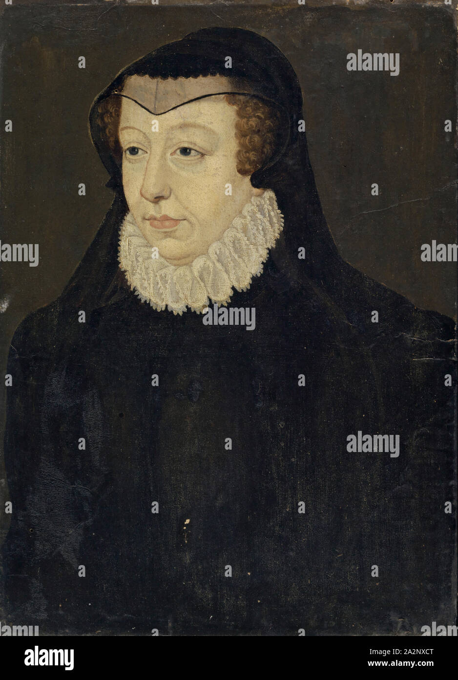 Katharina de Medici, Königin von Frankreich, als Witwe, Öl auf Papier, auf Holz, 37,5 x 26,5 cm, unsigniert, François Clouet, (30 Spitzwimpel //Kopieren nach), Touren (?) um 1516 - 1572 Paris. Stockfoto