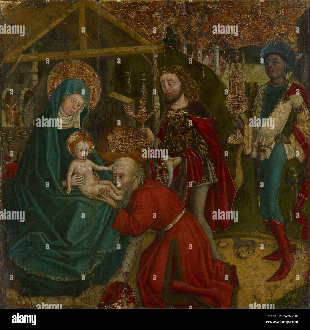 Die Anbetung der Könige, mixed Media auf Leinwand mit Weichholz, 59,5 x 61,5 cm, nicht angegeben, Anonym, Süddeutschland, 15. Jh Stockfoto
