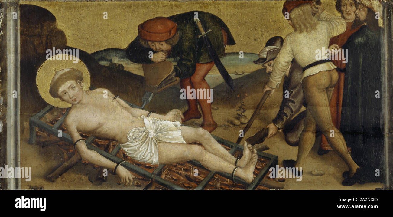 Das Martyrium von St. Lawrence, C. Tanne 1500/10, Öl auf Holz, 28 x 57,5 cm, unsigniert, Bernhard Strigel, (Umkreis/Kreis), Memmingen 1460-1528 Memmingen Stockfoto