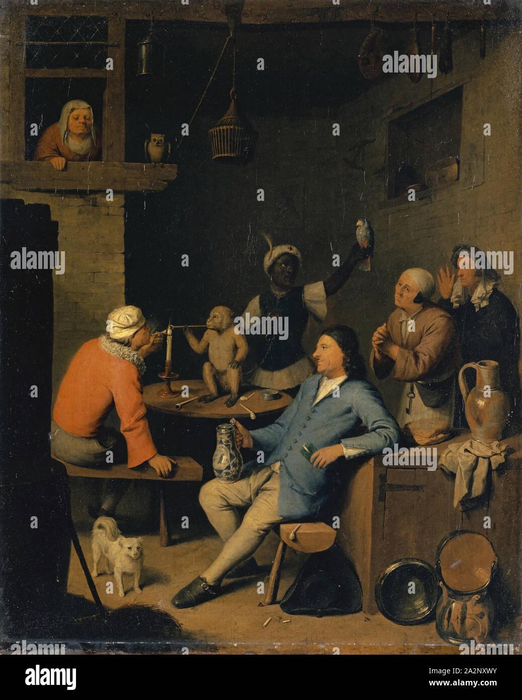 Gesellschaft mit einer Pfeife rauchende Affe in einer Taverne, Öl auf Leinwand, 46 x 37 cm, unmarkierte, Nicolas van Gorkum haften, um 1663 - 1715 Paris. Stockfoto