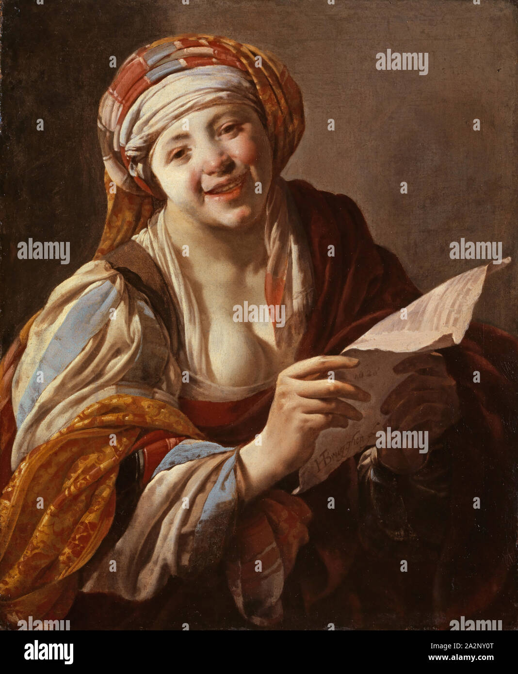 Junge Frau mit einem Text Blatt, 1628, Öl auf Leinwand, 78,9 x 65,5 cm, signiert und auf dem Blatt Stand: 1628 HTBrugghen w., Hendrick ter Brugghen, Utrecht und Den Haag 1588 - 1629 Utrecht Stockfoto