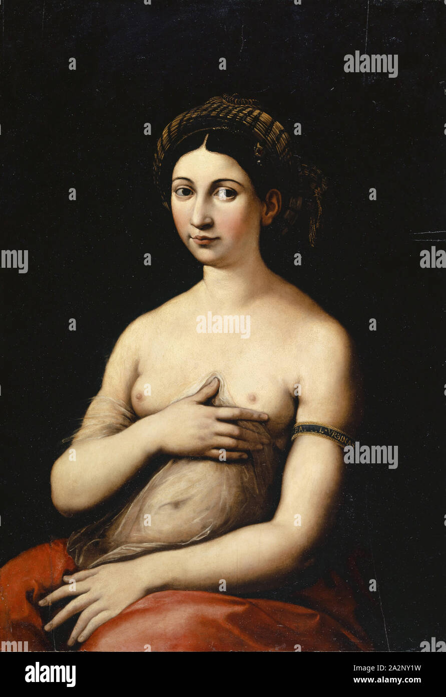 Porträt einer jungen Frau (La Fornarina), Öl auf Leinwand, 89 x 61 x 1,9 cm, auf dem Armband die Inschrift: RA... L., VRBINAS, Raffael, (30 Spitzwimpel //Kopieren nach), Urbino 1483 - 1520 Rom, Giulio Romano, (30 Spitzwimpel / (?)/Kopieren nach (?)), Rom 1492/99-1546 Mantua Stockfoto