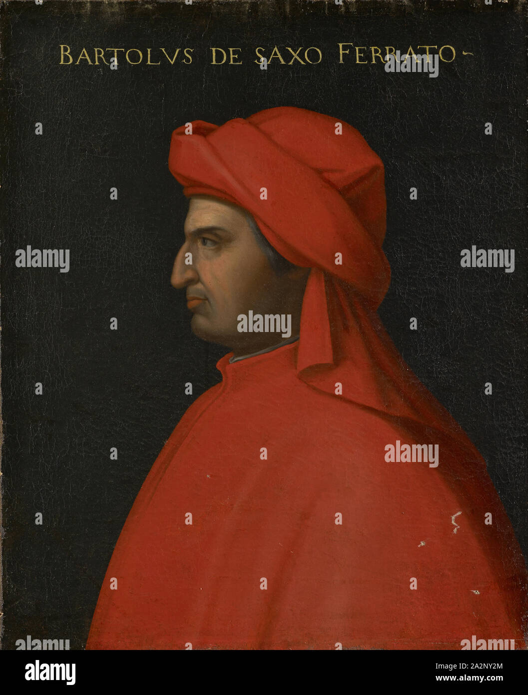 Portrait von Bartolo da Sassoferrato, Öl auf Leinwand, 77,5 x 64 cm, nicht angegeben., Oben: BARTOLVS DE SAXO FERRATO, Pier Francesco Mola (di Papi) dell'Altissimo, (30 Spitzwimpel //Kopieren nach), um 1525 - 1605 Florenz Stockfoto