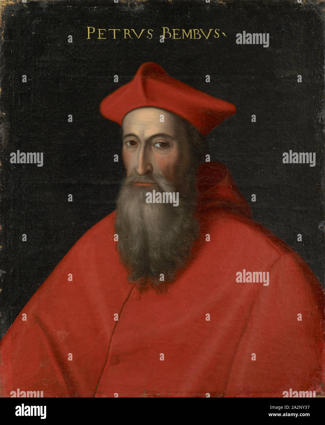 Porträt von Pietro Bembo, Öl auf Leinwand, 77,5 x 63 cm, unmarkiert., Oben: PETRVS BEMBVS-, Pier Francesco Mola (di Papi) dell'Altissimo, (30 Spitzwimpel //Kopieren nach), um 1525 - 1605 Florenz Stockfoto
