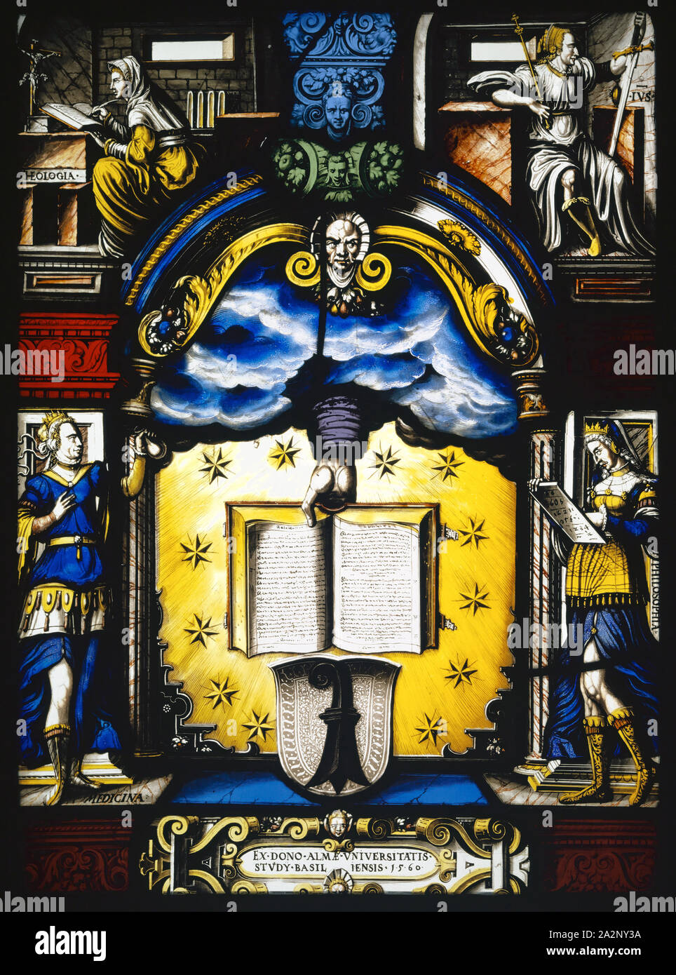 Wappen der Universität Basel, 1560, Glasfenster, 42 x 30 cm |, 30.1 x 42 x  2 cm, unsigniert, aber veraltet., In den Blättern Patrone in der Basis: EX  • DONO • ALMAE •