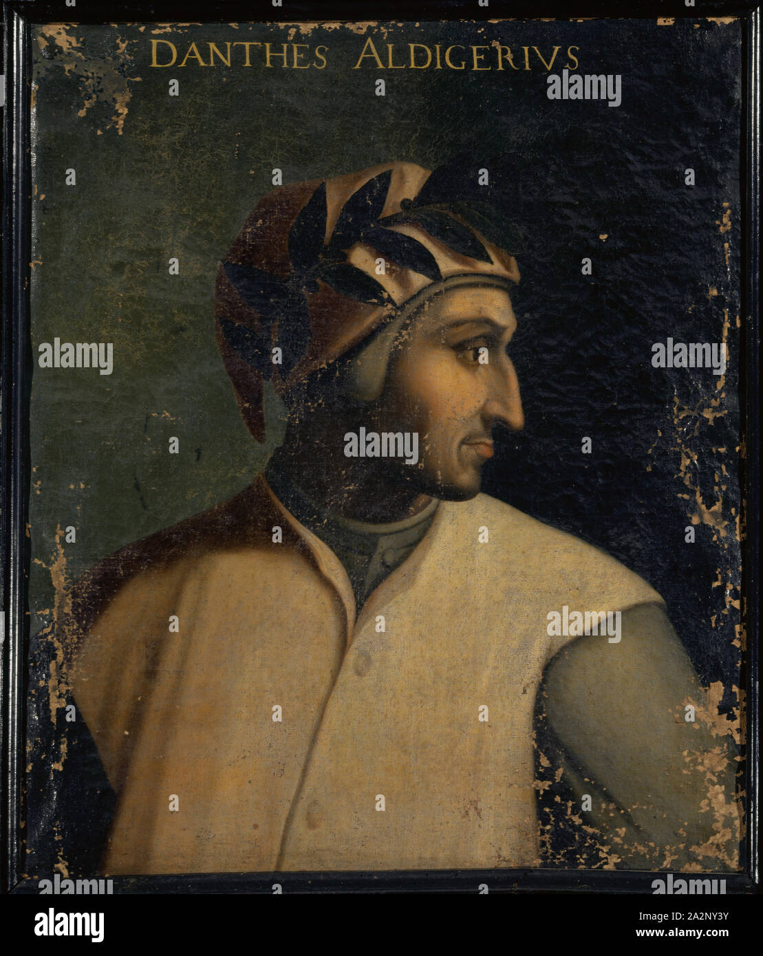 Porträt von Dante Alighieri, Öl auf Leinwand, 74,5 x 63 cm, unmarkiert., Oben: DANTHES ALDIGERIVS, Pier Francesco Mola (di Papi) dell'Altissimo, (30 Spitzwimpel //Kopieren nach), um 1525 - 1605 Florenz Stockfoto