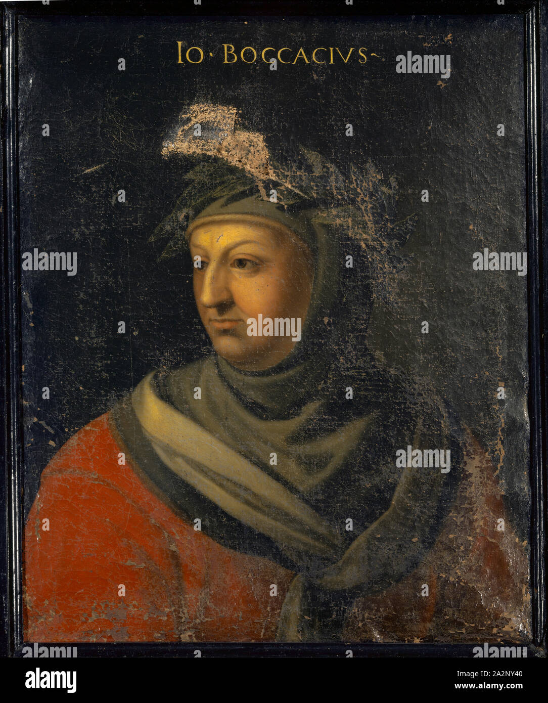 Portrait von Giovanni Boccaccio, Öl auf Leinwand, 76,5 x 62 cm, nicht angegeben., Oben: IO [ANNES] • BOCCACIVS-, Pier Francesco Mola (di Papi) dell'Altissimo, (30 Spitzwimpel //Kopieren nach), um 1525 - 1605 Florenz Stockfoto