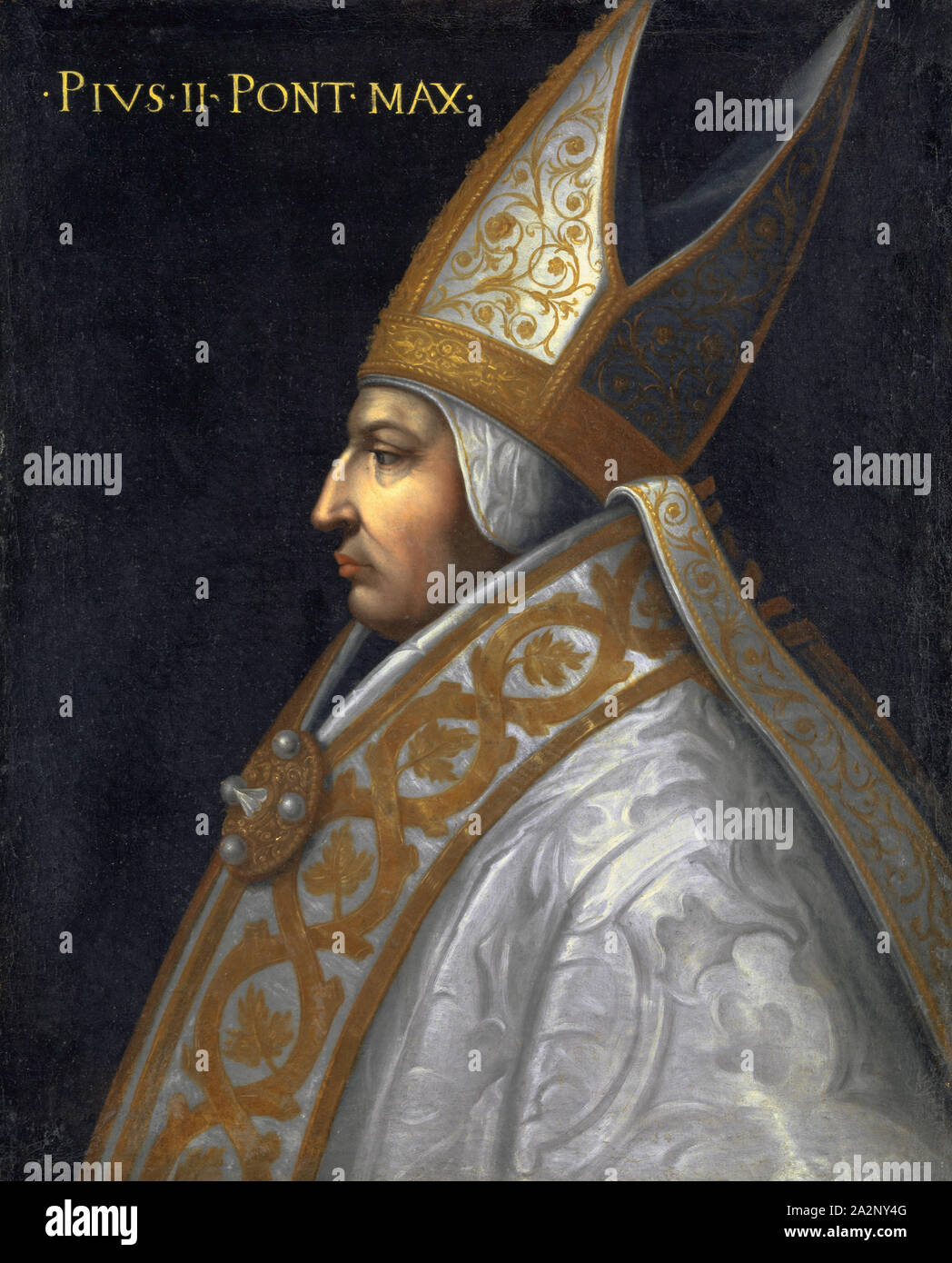 Porträt von Papst Pius II (Enea Silvio Piccolomini), Öl auf Leinwand, 77,5 x 64,5 cm, unsigniert., Oben links: • PKW • II • PONT • MAX •, Pier Francesco Mola (di Papi) dell'Altissimo, (30 Spitzwimpel //Kopieren nach), um 1525 - 1605 Florenz Stockfoto