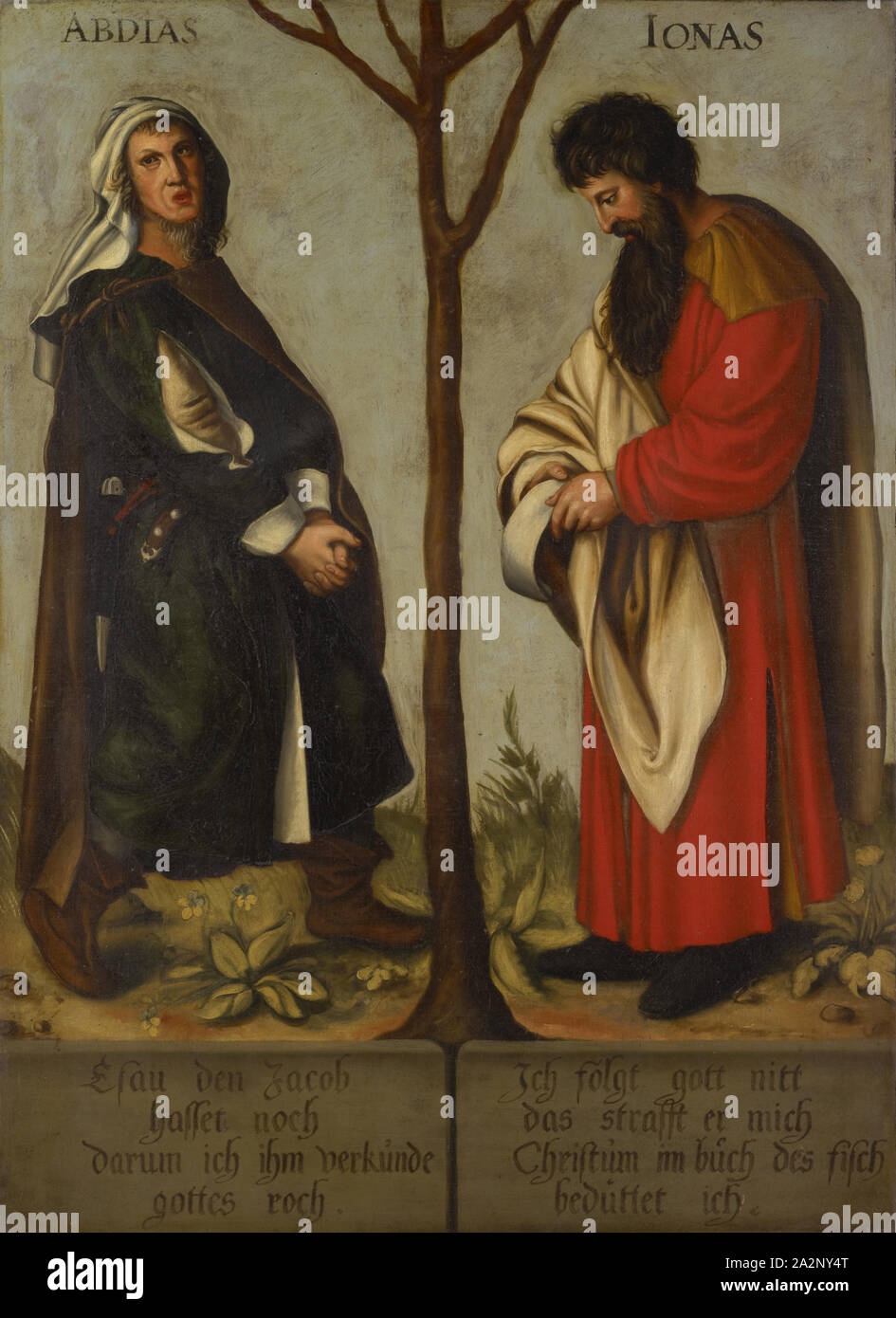 Die Propheten Obadja und Jonas, Öl auf Leinwand, 104 x 76,5 cm, unsigniert., über die Zahlen: ABDIAS und IONAS, Unten links: Esau, der Jakob noch hassen, deshalb verkünde ich zu ihm, Gott roch., unten rechts: Ich folge Gott nitt, dass Er mich strafft, Christus in der Bu [o] ch der Fische, ich füttere., Bartholomäus Sarburgh, Trier um 1590 - 1637 Niederlande, Hans Holbein d. J., (30 Spitzwimpel //Kopieren nach), Augsburg um 1497/98-1543 London Stockfoto