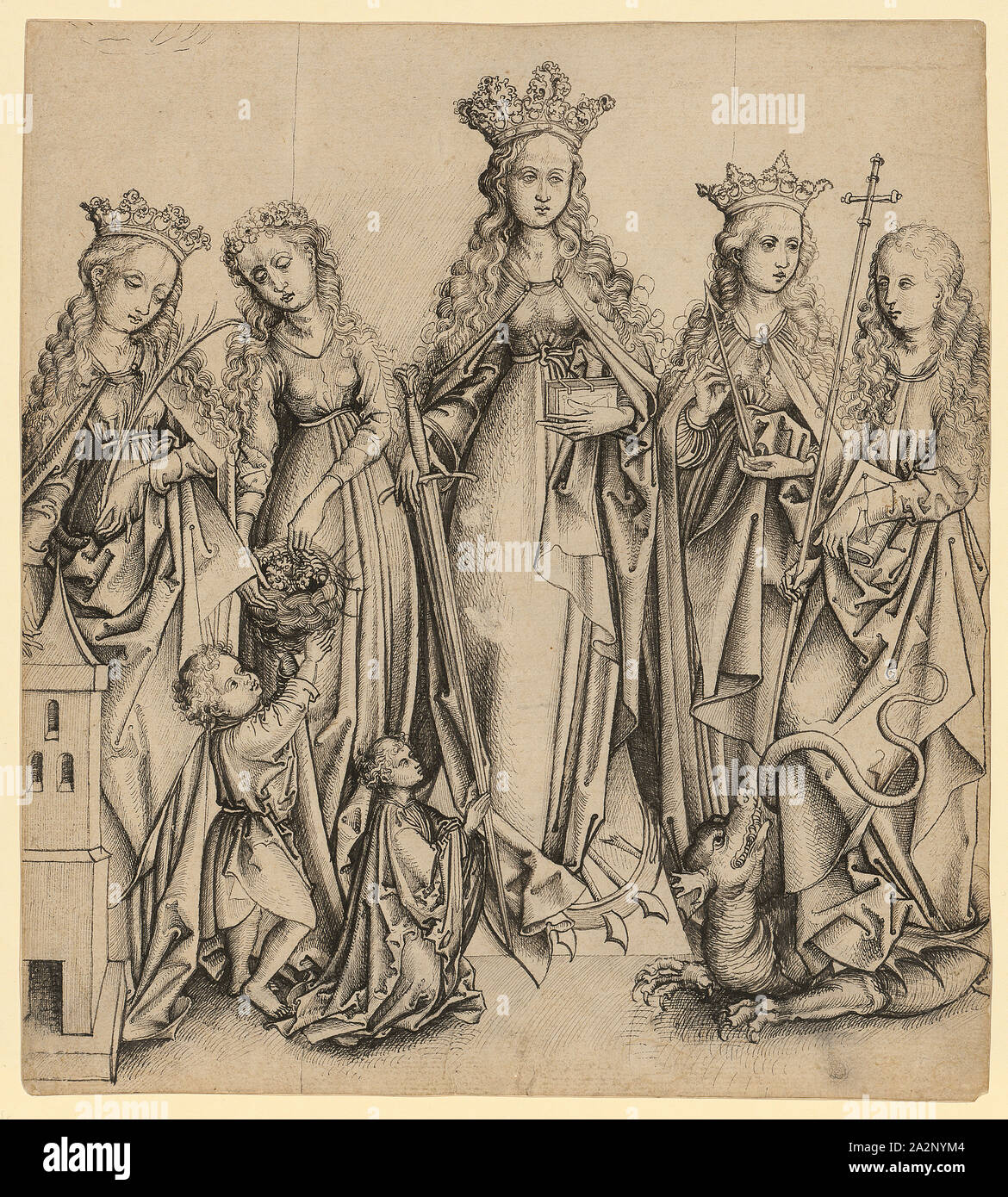 Fünf weiblichen Heiligen mit Spender, Feder in Schwarz, Journal: 23,9 x 21,4 cm, unmarkierte, Martin Schongauer, (Umkreis/Kreis), Colmar um 1445 - 1491 Colmar Stockfoto
