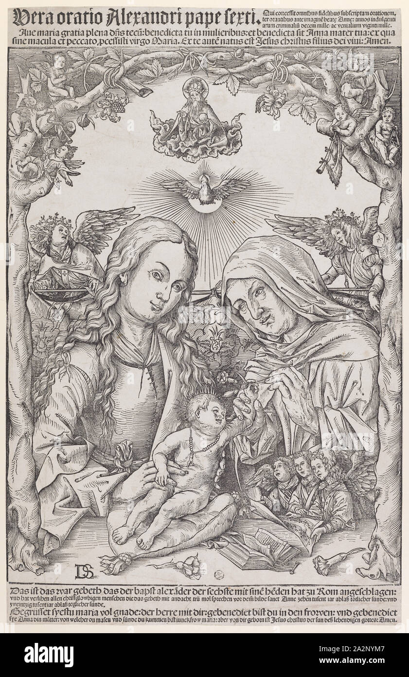 Der hl. Anna Selbdritt, C. 1510, Holzschnitt auf Papier und Schrift, Blatt: Ca. 45 x 29 cm|, Bild: ca. 39 x 29 cm, in das Feld "Bild u. l., im Druck Monogrammiert: DS [ligiert], oben das Bild im Feld Typ drucken: Vera oratio Alexandri Pape sexti., [...] Amen., unter: Das ist der gebeth, die die bapst Alexa [n] die Sin[n] er [n] in Rom beeindruckt: [...] Amen., Meister DS (Daniel Schwegler?), tätig 1503 - 1515 in Basel. Stockfoto