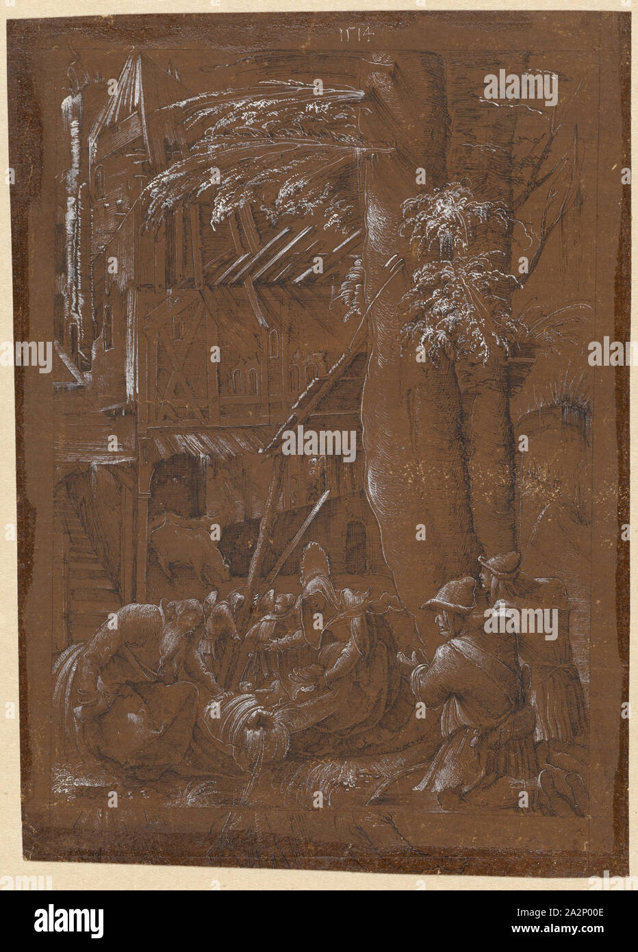 Die Anbetung der Schäfer, 1514, Feder in Schwarz, verstärkt mit weißem, auf dunklen Braun grundiert Papier, montiert, Blatt: 20, 20,6 x 14,5 cm, O. M. mit Pinsel in Weiß Stand: 1514, Albrecht Altdorfer, (30 Spitzwimpel //Kopieren nach), um 1480 - 1538 Regensburg Stockfoto