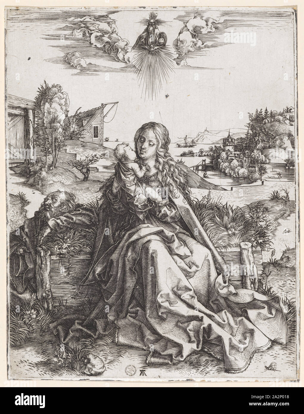 Die Heilige Familie mit der Libelle, 1495, Kupferstich, Zustand a-b, Seite: 24,3 x 19,1 cm |, Platte: 23,7 x 18,6 cm, U. Monogrammiert: AD, Albrecht Dürer, Nürnberg 1471 - 1528 Nürnberg Stockfoto