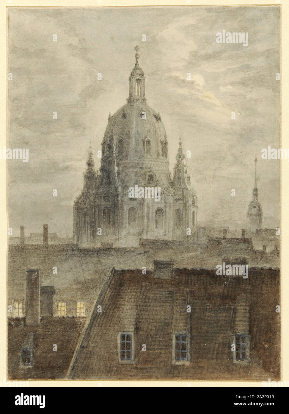 Die Frauenkirche in Dresden, um 1824, Pinsel in Grau und Braun über Bleistift, Blatt: 13 x 9,5 cm, nicht markiert, Carl Gustav Carus, Leipzig 1789 - 1869 Dresden Stockfoto