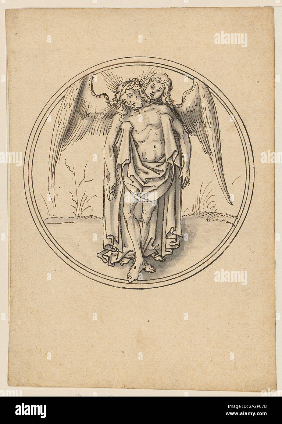 Die Toten Christus durch einen Engel, Feder in Schwarz, Grau waschen, Blatt unterstützt: 15,5 x 11,1 cm |, Bild: 9,5 cm (Durchmesser), nicht markiert, Jörg Schweiger, (zugeschrieben/zugeschrieben), Augsburg 1470/80 - 1533/34 Basel Stockfoto