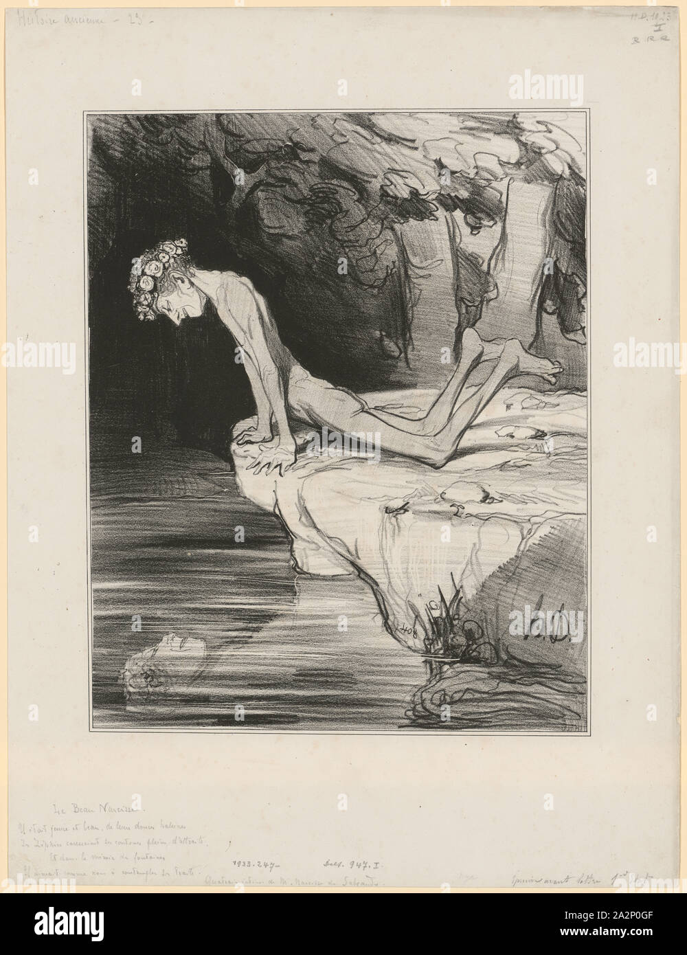 Le Beau Narcisse, 1842, Kreide Lithographie, Bedingung 1 (ab 4), Blatt: 35,7 x 27,3 cm |, Bild: 25,2 x 20,4 cm, im Stein u., a., Monogrammiert: h.D., Honoré Daumier, Marseille 1808 - 1879 Stors/Seine-et-Oise Stockfoto