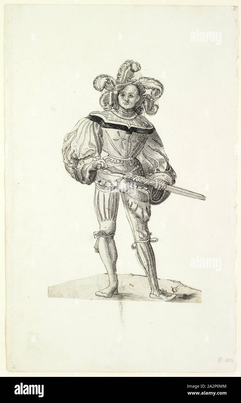 Elder Landsknecht, 1. Hälfte des 16. Jahrhunderts, Feder in Schwarz, Silhouetted, auf Trägerpapier, Bild montiert: 26,8 x 17,1 cm, u. a., monogrammiert mit Stift in Braun: VG [lig., nachträglich], Niklaus Manuel gen. English, (30 Spitzwimpel / (?)/Kopieren nach (?)), Bern um 1484-1530 Bern, Anonym, Schweiz, 1. Lehrwerk 16. Jh Stockfoto