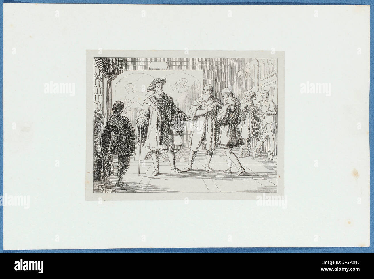 Holbein mit Thomas mehr vor dem König Heinrich VIII., C. 1857, Lithographie, auf der Basis von Papier, Klebeband, Blatt montiert: 11,7 x 9 cm, Hieronymus Hess, Zeichner, Basel 1799-1850 Basel, J. Seul, Drucker Stockfoto