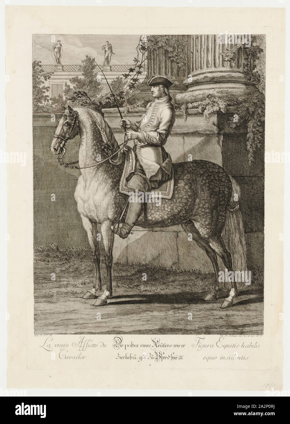 Die Haltung des Reiters, wie er sitzen soll petite und gut auf dem Pferderücken, 1734, Radierung, Blatt: 60 x 43,5 cm |, Platte: 53,8 x 38,8 cm, U l., unterhalb der Abbildung: avec P.S.C.M., U.r.: Joh. El., Ridinger inv. Et Exc., A.V., Johann Elias Ridinger, Ulm 1698-1767 Augsburg Stockfoto