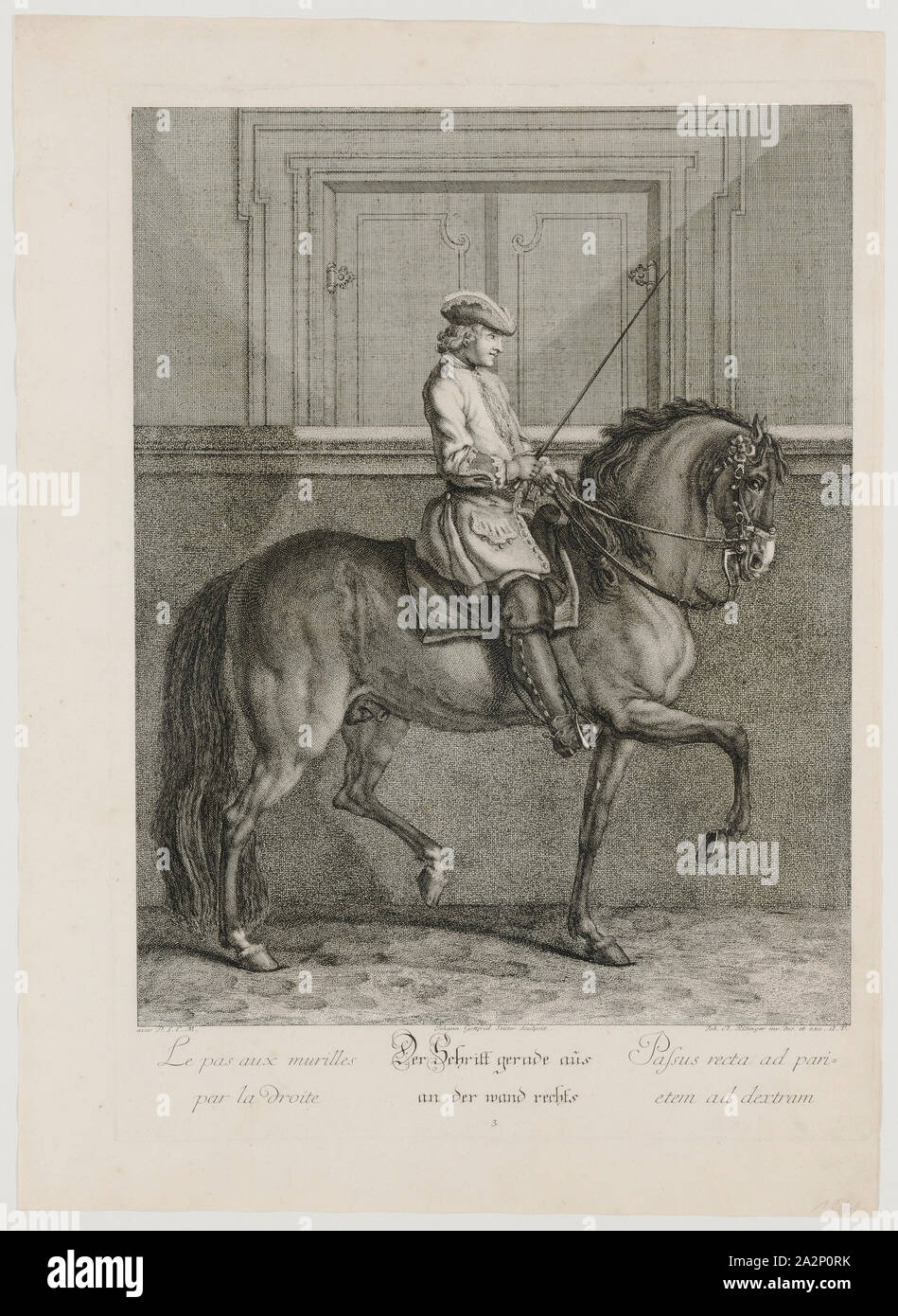 Der Schritt gerade auf der Wand auf der rechten Seite, 1734, Radierung, Blatt: 60 x 43,6 cm |, Platte: 53,3 x 38,5 cm, U. L., unterhalb der Abbildung: avec P.S.C.M., u,., Mitte: Johann Gottfried Seuter sculpsit., U.r.: Joh. El., Ridinger inv. Des. Et Exc., A.V., Johann Elias Ridinger, Ulm 1698-1767 Augsburg Stockfoto