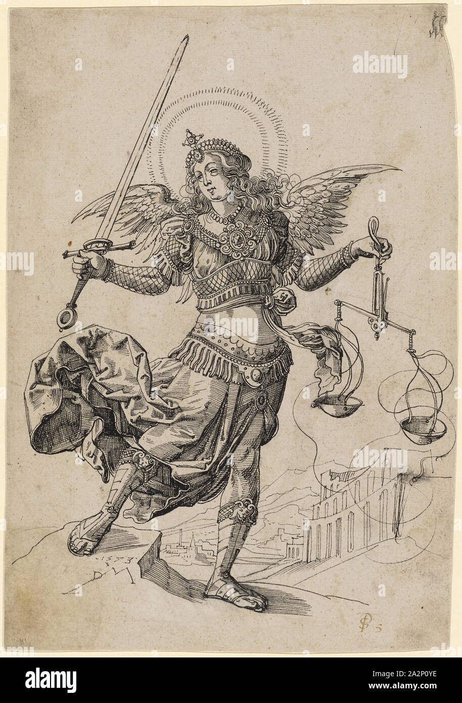 Lady Gerechtigkeit, 1573, Feder in Schwarz, Blatt: 28,8 x 20 cm, U l., datiert und Monogrammiert: 1573, DLM [lig] auf der Rückseite M. mit Stift in Schwarz: N [unleserlich] Fehler [?], Daniel Lindtmayer d. J., Schaffhausen 1552 - 1603 Stans Stockfoto