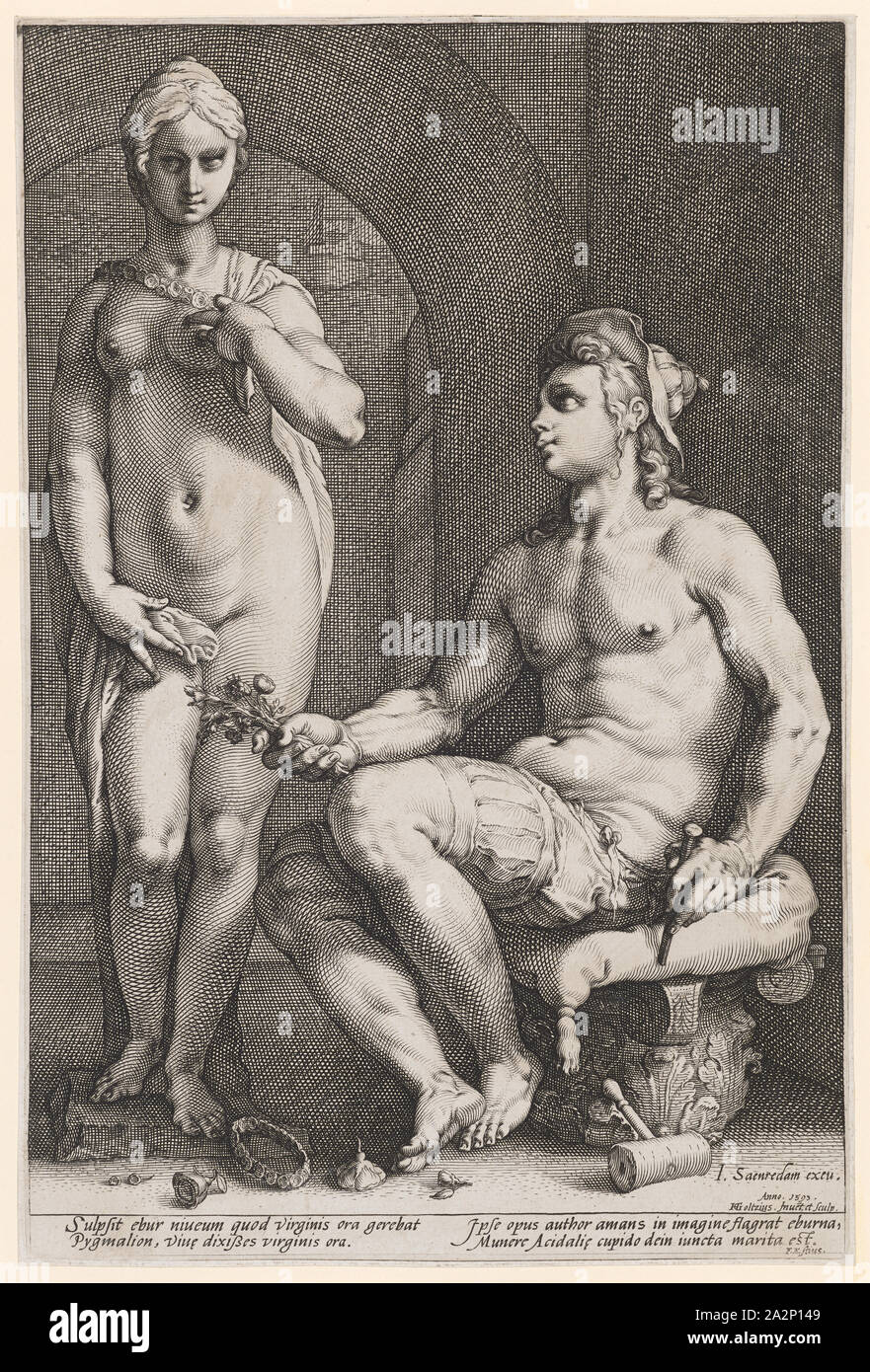 Pygmalion und Galatea, 1593, Kupferstich, Platte: 32,8 x 21,7 cm |, Blatt: 33 x 22,2 cm, u. a., bezeichnet und datiert: I. Saenredam exlg. Anno., 1593., HGoltzius., [Hg.] Inue[n] t et sculp., unter dem Bild das Feld bezeichnet: Sulpsit ebur niueum quod Virginis ora gerebat, Pygmalion, viu [a] e dixisses Virginis ora., Ipse opus Thema amans in vorstellen, Munere flagrat eburna Acidali [a] e Cupido Ihr iuncta Marita est., F. Estius., Hendrick Goltzius, Erfinder, Stecher, Mühlbrecht 1558 - 1617 Haarlem, Jan Saenredam, Verleger, Zaandam 1565 - 1607 Assendelft Stockfoto