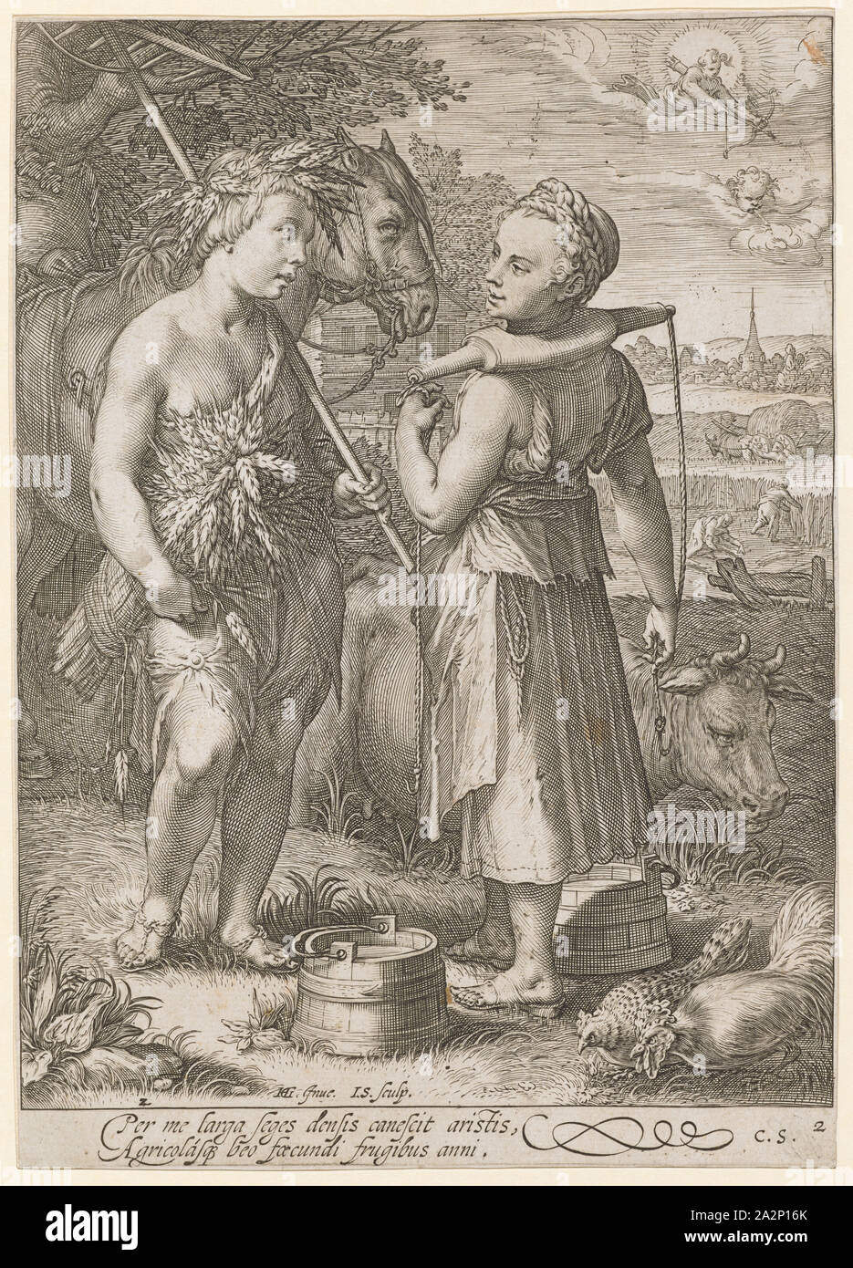 Im Sommer 1601 (vor 1652), Kupferstich, Blatt: 22,2 x 15,9 cm (innerhalb der Marge der Platte getrimmt), U l., nummeriert: 2, u,., M.L., gekennzeichnet: HG., [lig.] Inue., I. S., sculp,., unter dem Feld "Bild: Pro mich Larga seges densis canescit aristis, Agricolasq [ue] beo foecundi frugibus Anni., u,., a., nummeriert und Monogrammiert: 2, C.S., Jan Saenredam, Stecher, Zaandam 1565 - 1607 Assendelft, Hendrick Goltzius, Erfinder, Mühlbrecht 1558 - 1617 Haarlem, Claes Jansz. Visscher, Verleger, Amsterdam 1586/87 - 1652 Amsterdam Stockfoto