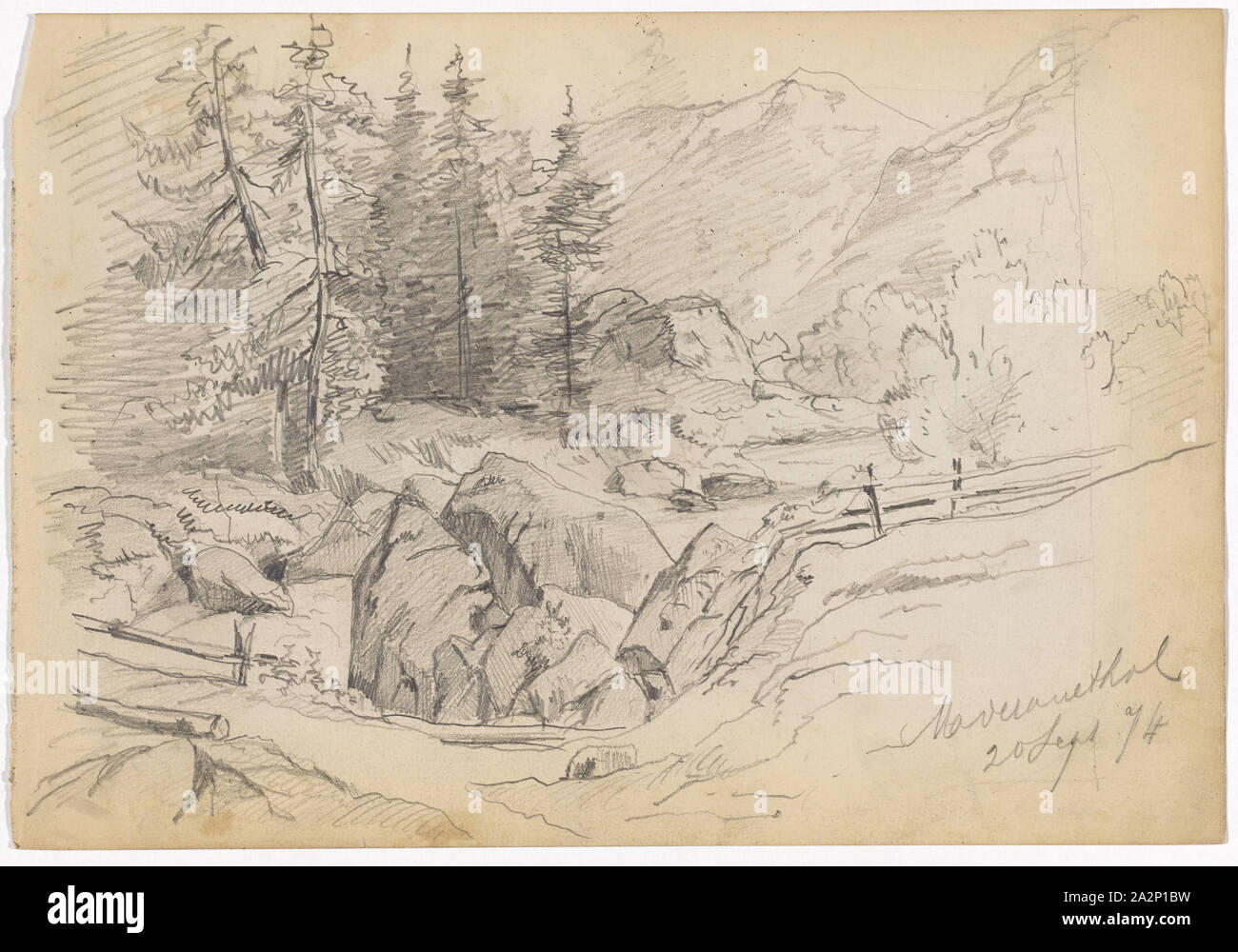 Berg Tal mit Fluss, Felsen, Tannen und eine Brücke (recto), Frau in traditioneller Kleidung ein platter (verso), 1874, Bleistift (recto), Buntstift, Bleistift (verso), Blatt: 18,9 x 27,5 cm, Rekto u., a., eingeschrieben und in Bleistift vom:... [Unleserlich], 20 Sept. 74, verso: u., M., gekennzeichnet mit Buntstift in Blau:... [Unleserlich], Paul Franz Otto, 1839 - 1927 Stockfoto