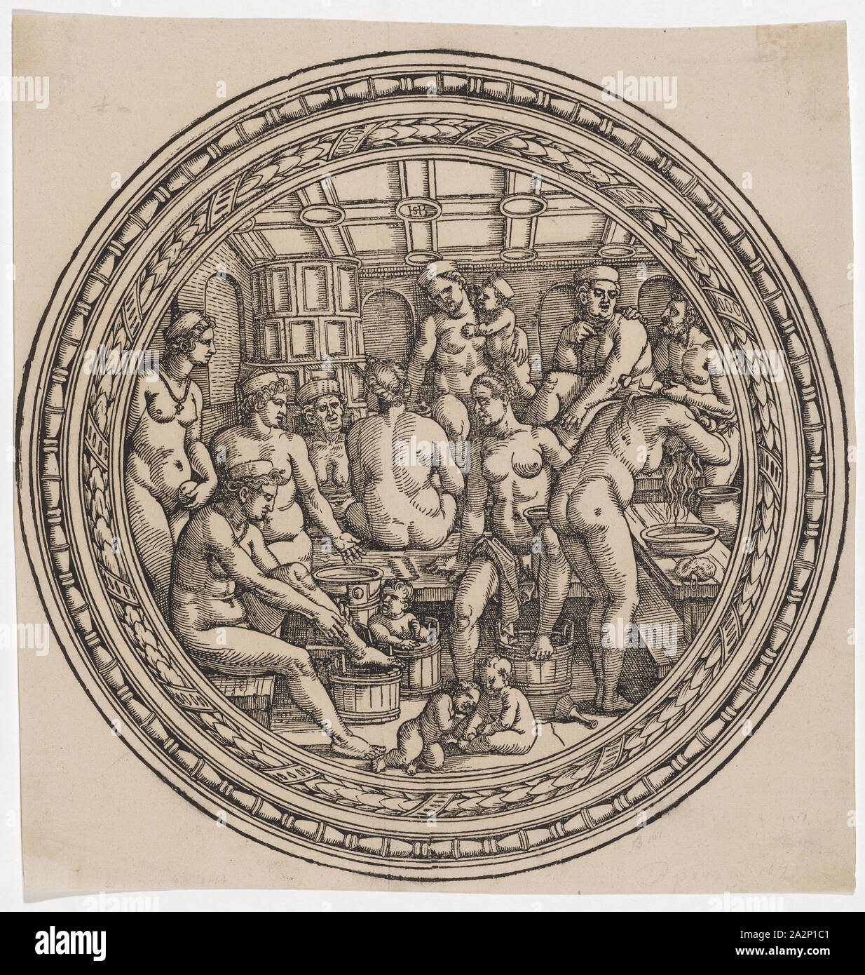 Der Töpfermarkt, 1530/40, Holzschnitt, Blatt: 30,5 x 30 cm |, Bild: 29,5 cm (Durchmesser), O. M Monogrammiert: HSB [lig.], Sebald Beham, Nürnberg 1500 - 1550 Frankfurt a.M Stockfoto