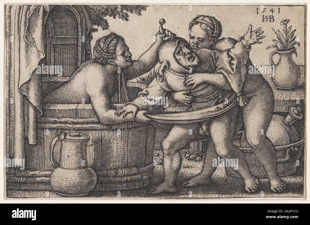 Frauen und Narren in das Badehaus, 1541, Kupferstich, II. Zustand, Blatt 4,5 x 6,9 cm, O. R., datiert und Monogrammiert: 1541, HSB [lig.], Sebald Beham, Nürnberg 1500 - 1550 Frankfurt a.M Stockfoto