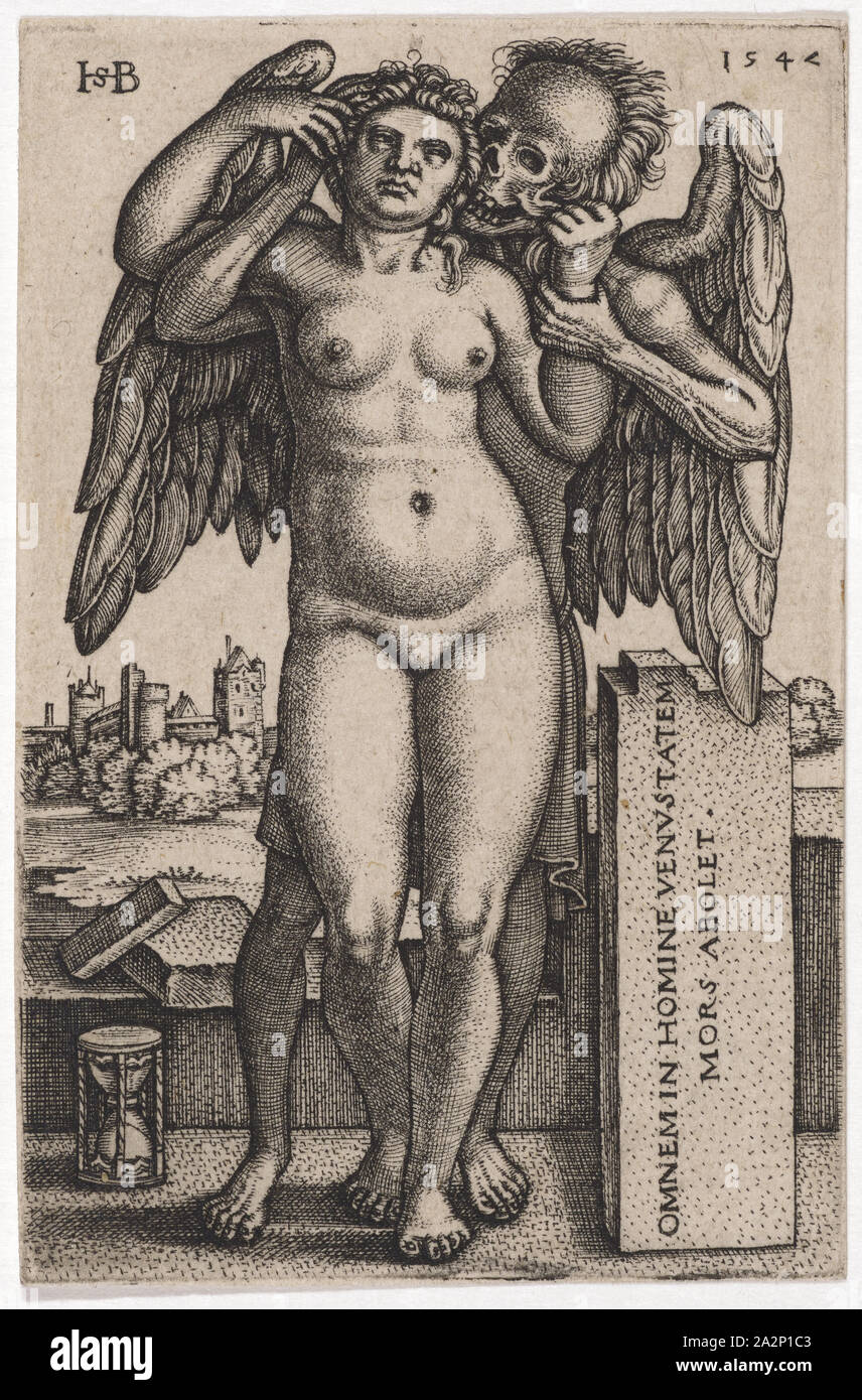Tod und Mädchen, 1547, Kupferstich, II, folia: 7,5 x 4,9 cm, O.L., Monogrammiert: HSB [lig.], a.A., datiert: 1547, u,., a., ernannt: OMNEM IN HOMINE VENVSTATEM, MORS ABOLET., Sebald Beham, Nürnberg 1500 - 1550 Frankfurt a.M Stockfoto