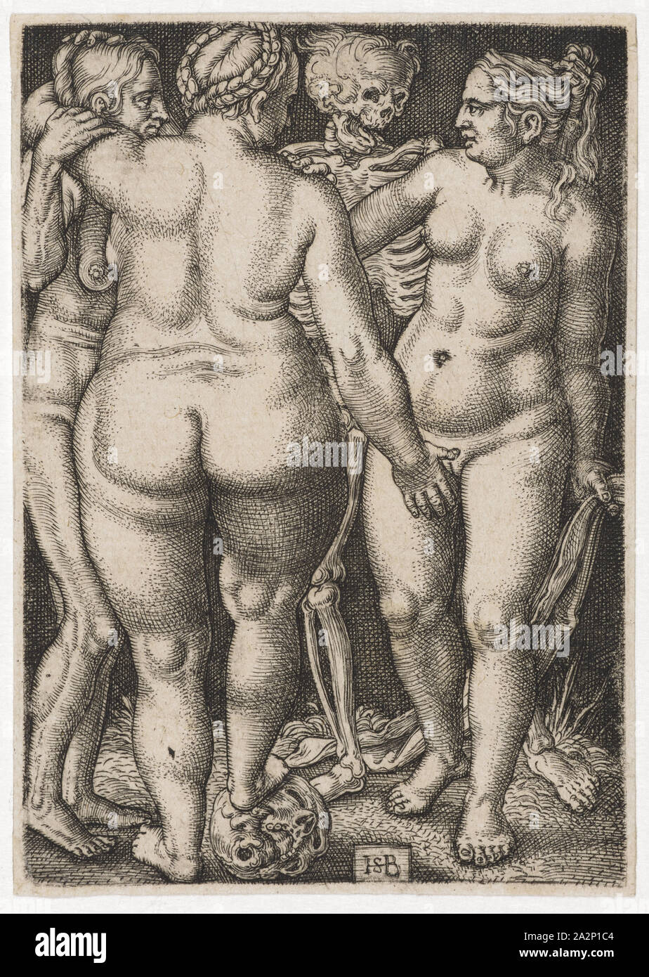 Drei Frauen und Tod, C. 1546/50, Kupferstich, II. Zustand, folia: 8 x 5,7 cm, signiert Monogramm: HSB [lig.], Sebald Beham, Nürnberg 1500 - 1550 Frankfurt a.M Stockfoto