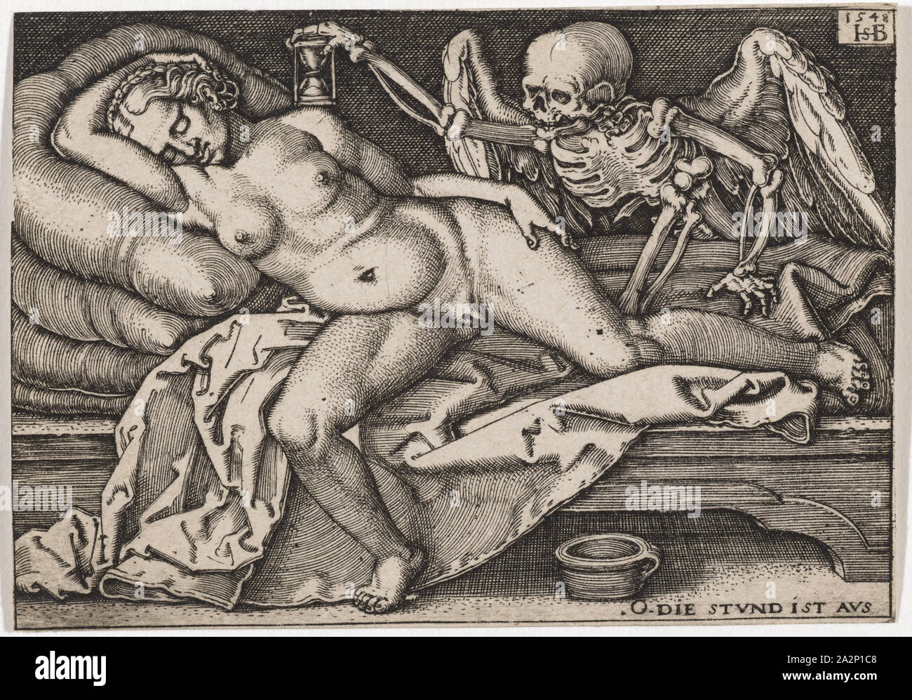 Schlafende Mädchen und der Tod, 1548, Kupferstich, I. Zustand, Folio: 5,6 x 8,1 cm, O. R., datiert und Monogrammiert: 1548, HSB [lig.], u,., a., gekennzeichnet sind: o Die STVND IST AVS, Sebald Beham, Nürnberg 1500 - 1550 Frankfurt a.M Stockfoto