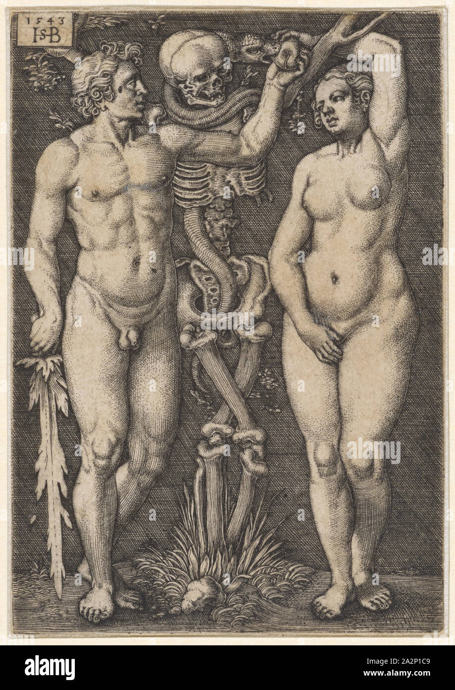 Adam und Eva, 1543, Kupferstich, Blatt: 8,3 x 5,7 cm, O. l., datiert und Monogrammiert: 1543, HSB [lig.], Sebald Beham, Nürnberg 1500 - 1550 Frankfurt a.M Stockfoto